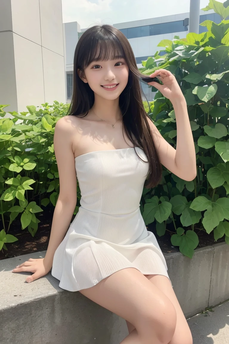   best quality ,8k, ultra high resolution,,(My sister is a ********** high school *******.）,, slim face like an actress, no bangs 、Long Hair,,smile, fashion like a popular Korean idol in 2024、 strapless, sexy outfit , knit dress, short skirt,