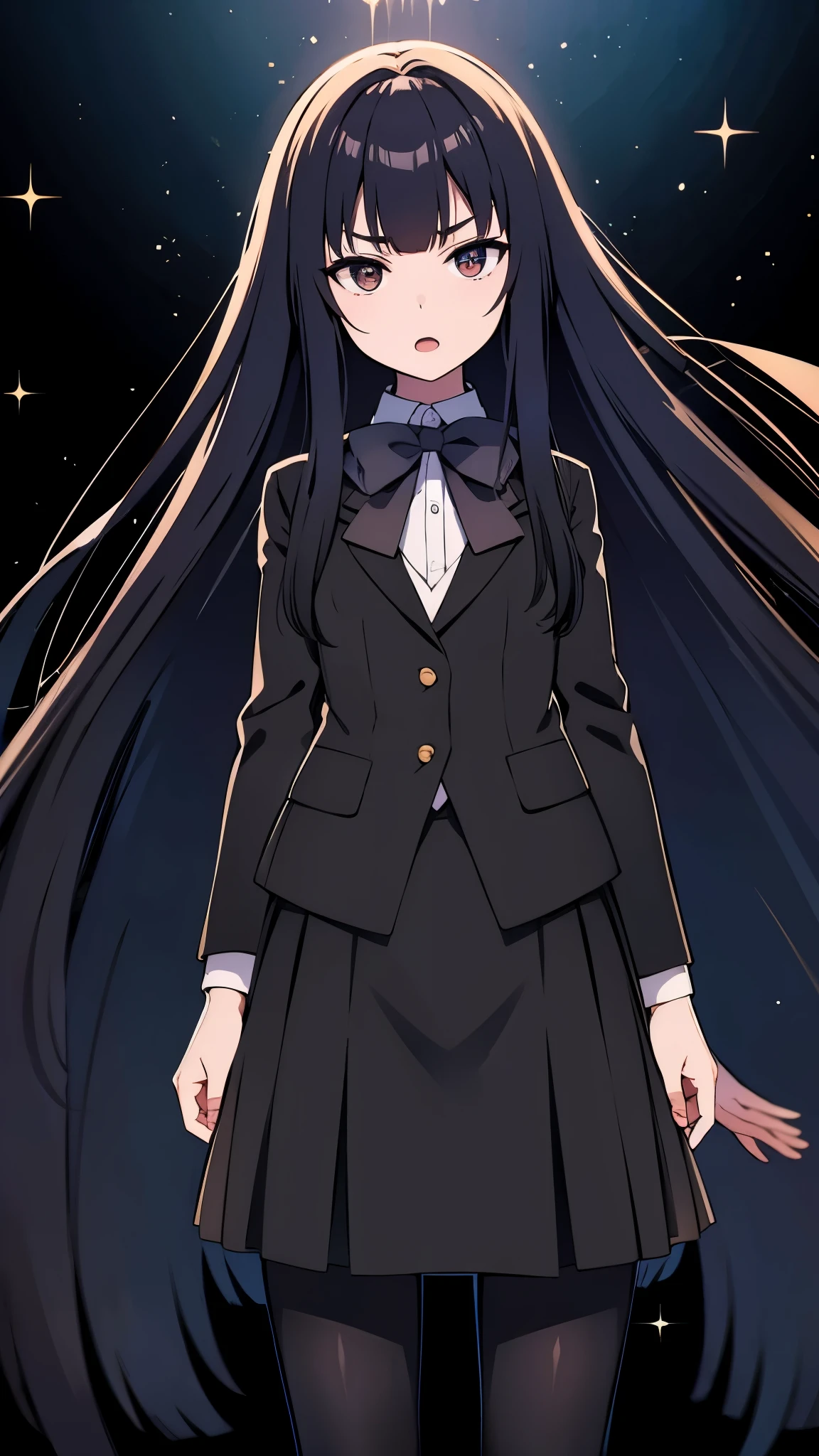 back ground Starry night sky, in space, zero gravity, from side, focus face, mad face, open mouth, glaring eyes, anime style, 1femail, ultra high res, Best quality, ultra detailed, wearing a black blazer, school uniform, straight long hair, thin legs, pantyhose (black), brown bowtie, black skirt, break ideal ratio body proportions, clear detailed face, high nose(1:2), large mouth, break a strong female character with broad shoulders, straight long hair, 8k, masterpiece, dark eyelashes,