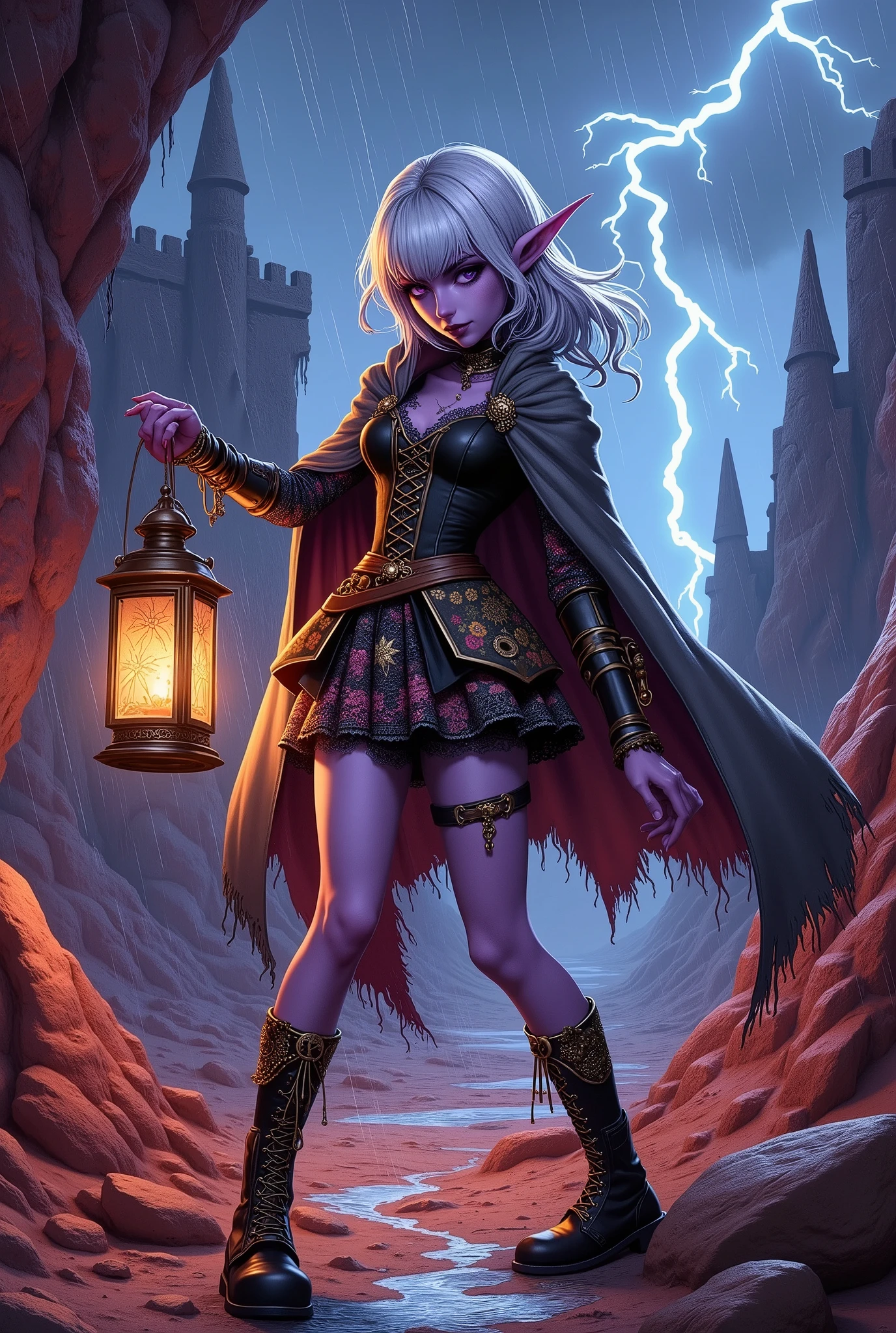 (Ultra-detailed face, Looking away, Fantasy Illustration with Gothic, Dark tone colors, Looking up from the ground.), BREAK 
(((Heavy rain.)) A female dark elf historian, soaking wet and with her back to the red desert valley where blue-white lightning flashes violently and heavy showers of rain fall, holding a magic lantern that illuminates the ruins, boldly posing and with large hand movements, splashing her water-dripping bangs with her fingertips and flicking the water away, looking around with a sharp gaze and large feet She is walking with a sharp gaze. Puddles of water glisten in the lightening.), BREAK 
(The young female dark elf historian has white hair, white eyebrows, blunt bangs, waist-length long, rain-soaked, water-dripping, messy, wavy hair, small pink lips, dark purple skin, and thick eyeliner.), BREAK 
(The dark elf woman historian wears a cape of gray lace fabric and a simple cream-colored ribbon tie. She wears a lace-up dress of velour fabric printed with a pattern of small light blue flowers and red berries on a pale green background. Around her waist she wears a large pareo with a sunflower pattern. She wears short ankle-length boots with intricate copper gears. She wears knee socks decorated with white bon bons.), BREAK 
(This is the site of an ancient city of the dead, a vast expanse of red sand and red rock. The red, glassy, spiky rocks sticking out from various places are wet from the rain, creating eerie water patterns.)