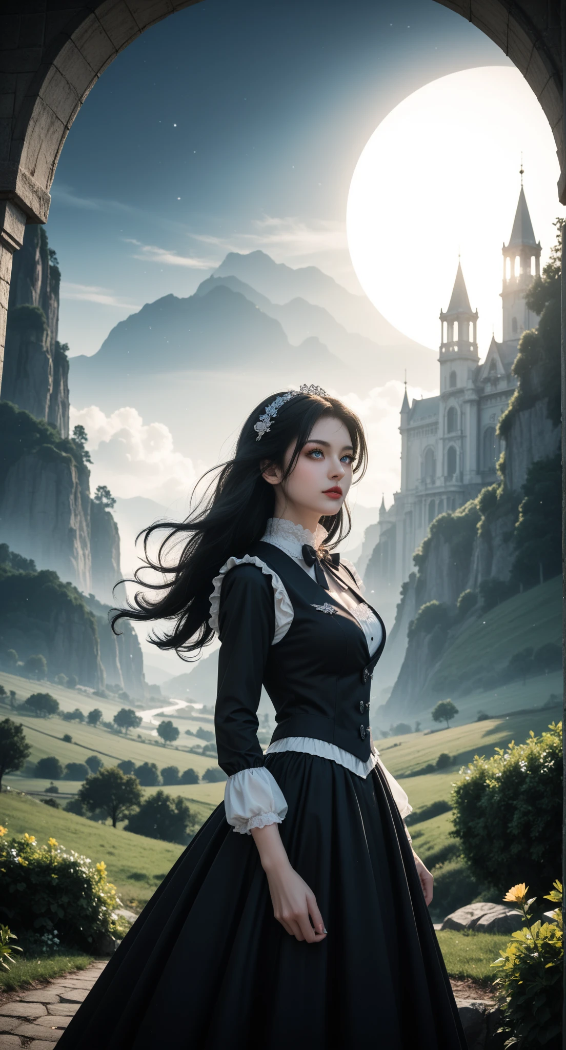 ( Extremely High Definition CG Unity 8K Wallpaper,masterpiece,  best quality,  super detailed),(Best lighting,  vest shadow ,  scene ),floating, high saturation, black hair+ blue eyes:1.2,Dim gothic landscape , Long Hair,  Looking into the Distance . ( beautiful blond girl with grey eyes shining gothic lights)