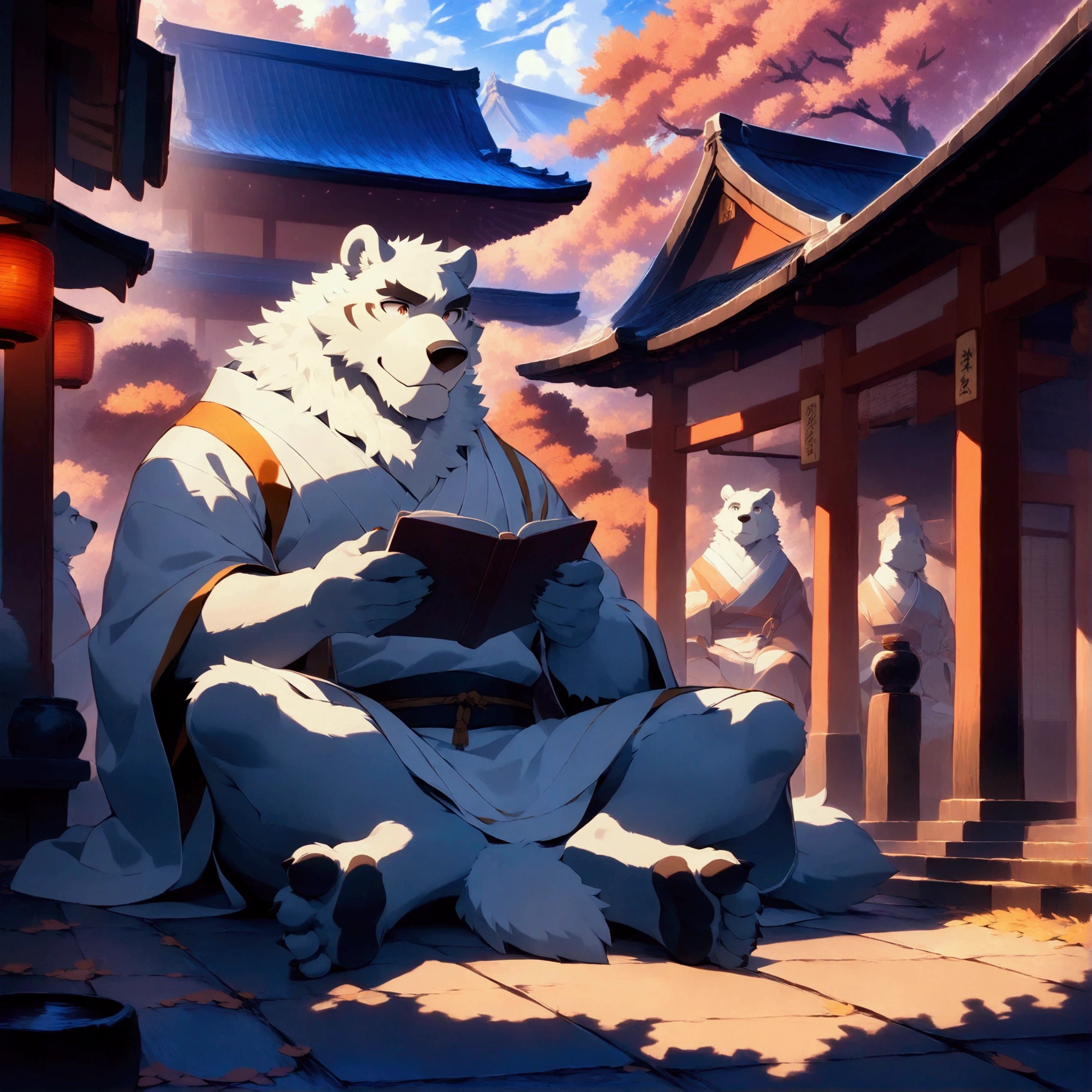 character focus, full body, looking away, dynamic angle, buddhist monk, middle-aged Japanese polar bear man, light smile, buddhist monk costume clothes, kesa, pants, black wear, sit straight, reading buddhist sutra, BREAK full body in Michelangelo Buonarroti style, housamo style, digital illustration anime, detailed painting landscape, morning, kyoto, Japanese temple, indoor, full color, HDR, BREAK complete anatomy, perfect proportions, beautiful thigh gap, fluffy body, intricate fur details, beautiful fur texture, BREAK a detailed polar bear 1tail, detailed toe, 5toes, 5toes nails, detailed foot, detailed hands, 5fingers, 5fingers nails, BREAK aesthetic anime face, insanity detailed face, male face, big face, square jawline, aesthetic anime eyes, detailed brown eyes, detailed brown cornea, detailed dark brown irises, detailed pupils, male eyes, big eyes, male eyebrows, innocent look, beautiful beard, BREAK masterpiece, official art, best quality, very aesthetic, absurdres, super fine illustration, great quality, BREAK noise reduction, very highres, large filesize, high quality, 32K, 8k wallpaper, dynamic lighting, BREAK insanity detailed, ultra detailed, intricate details, extremely detailed, detailed texture, an extremely delicate and beautiful, BREAK e621 illustration, osukemo, kemohomo, anthropomorphic, furry, cartoon, harmonious, pastoral face, virtuous eyes, kyoto atmosphere