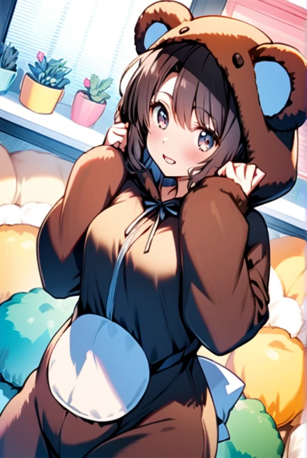 A bear costume, a girl wearing a costume, cute,