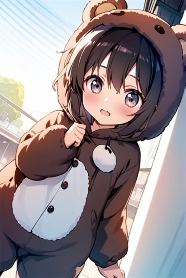 A bear costume, a girl wearing a costume, cute,