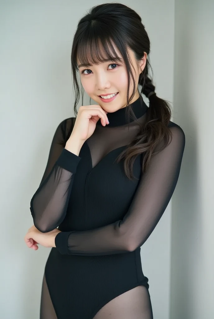 8k, RAW Photo, Best Quality, Masterpiece:1.2),(Realistic, photo-realistic:1.37), Super Detail, She is wearing tight thin fitting transparent black long sleeve turtleneck , no pants, no skirts, transparent black pantyhose, cinematic lighting, sexy pose, monotone background, facing front, smiling, portrait, dressed up to the belly button, dressed up to the neck
