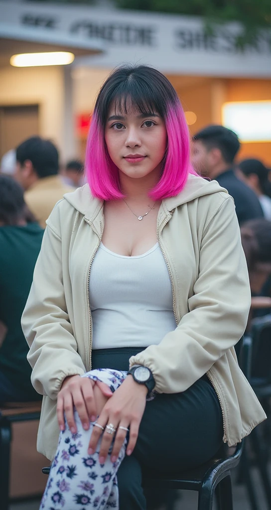 8k, masterpiece, best quality, ultra-detailed, (ultra realistic:1.3), (clean photo:1.2), (ultra high resuliton:1.3), (soft lighting:1.2), (perfect image coloring), (bright lighting:1.2), indonesian face, beautiful face, perfect indonesian female, 29 years old, fatty, chest forward, smooth skin, curvy body, thin smile, background ranfomly, lots of people, wearing randomly casual outfit, full body view photos, bob hair with bangs, rainbow hair color, high nose, thin lips, (F-Cup size breasts), piercing nose, long earrings, tattooed hands, randomly pose