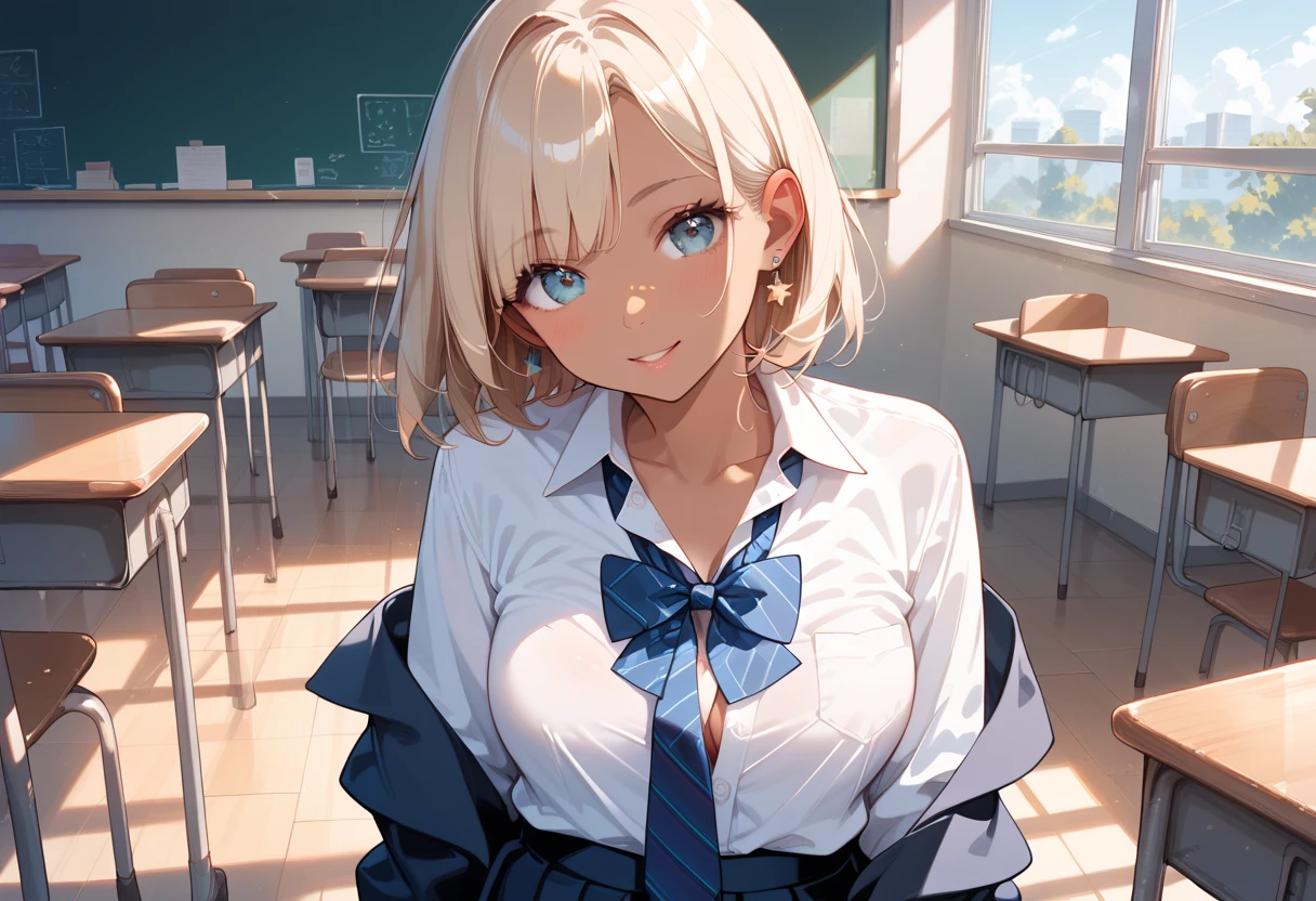 (masterpiece, best quality, ultra detailed, high resolution, detailed facial description), (1 girl:1.3), gal, school uniform, tanned skin, open clothing, looking at viewer, classroom