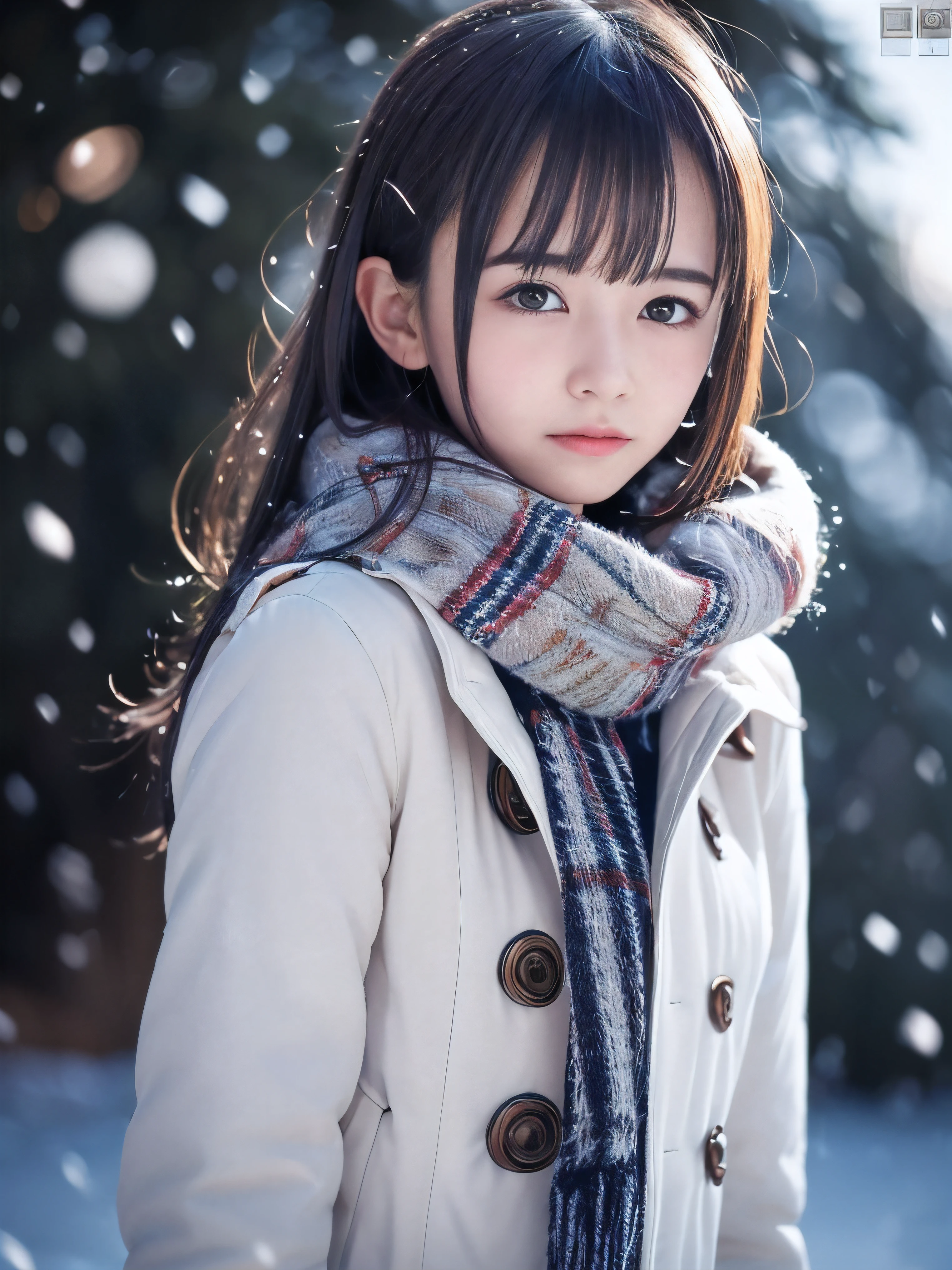 (Close-up face shot of one slender small breasts half up brown long hair with bangs girl in a winter long coat and scarf:1.5)、(One girl is looking back with crying face:1.5)、(Very beautiful Christmas illumination night:1.5)、(Heavy snowing night:1.5)、(blurred background:1.5)、(Natural light:1.5)、(8k ultra detailed master piece:1.5)、(perfect anatomy:1.5)、(Photorealistic stick:1.5)、(Raw photo:1.3)、(highest quality:1.5)、(High resolution:1.3)、(Delicate and beautiful perfect face:1.3)、(Delicate and beautiful eye air skin:1.3)、(Real Human Skin:1.3)、((thin legs))