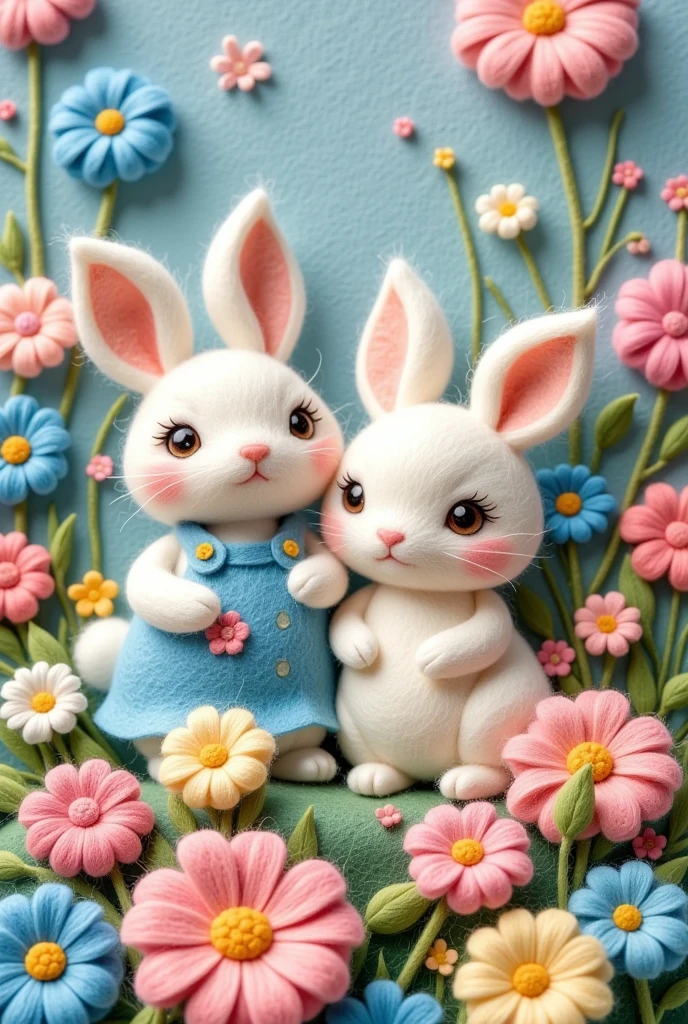 cute rabbits and flowers motif, felt embroidery, 3D texture, soft pastel background in the style of mary mead.