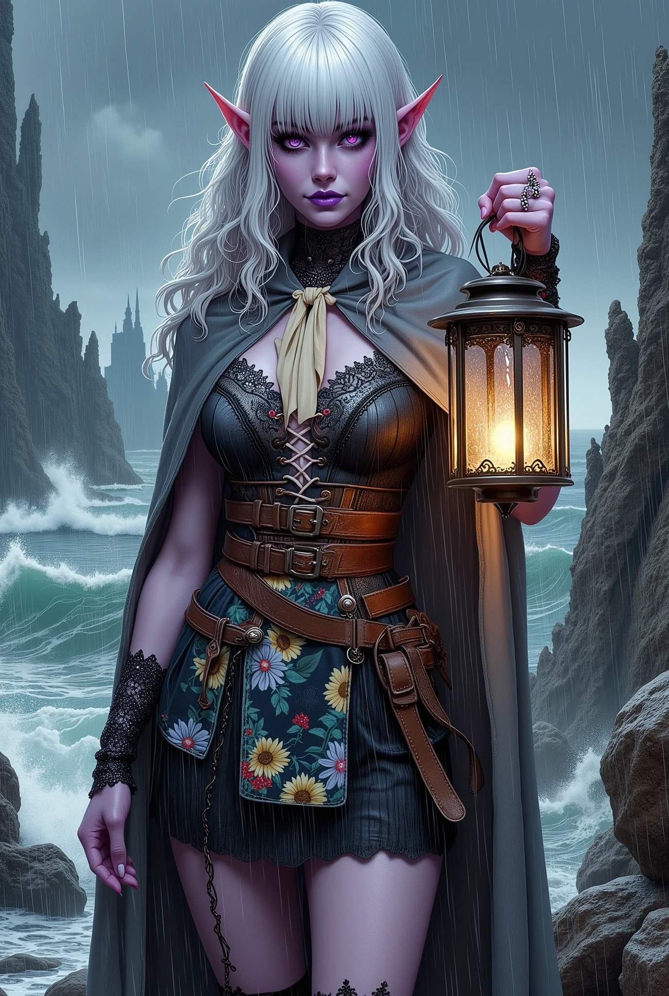 (Ultra-detailed face, Looking away, Fantasy Illustration with Gothic, Dark tone colors, Looking up from the ground.), BREAK 
(A female dark elf historian, her hair, face, and clothes all wet and with her back to the sea, holding a magic lantern that illuminates the ocean waves, flicks her dripping bangs with her fingertips and flicks the water with bold poses and large hand movements, and looks around with a piercing gaze as she walks with large strides, looking around. He looks around with a piercing gaze and walks with large thighs. Lines of glistening white threads of rain cover the screen. The ocean waves reflect lightning and shine.), BREAK 
(The young female dark elf historian has white hair, white eyebrows, blunt bangs, waist-length long, rain-soaked, water-dripping, messy, wavy hair, small pink lips, dark purple skin, and thick eyeliner.), BREAK 
(The dark elf woman historian wears a cape of gray lace fabric and a simple cream-colored ribbon tie. She wears a lace-up dress of velour fabric printed with a pattern of small light blue flowers and red berries on a pale green background. Around her waist she wears a large pareo with a sunflower pattern. She wears short ankle-length boots with intricate copper gears. She wears knee socks decorated with white bon bons.), BREAK 
(Here are the ruins of a vast ancient city of the dead, eroded by white sand beaches and ocean waves. Spiky white bone-like rocks protruding from the water's surface in places appear eerily pale in the rain.)