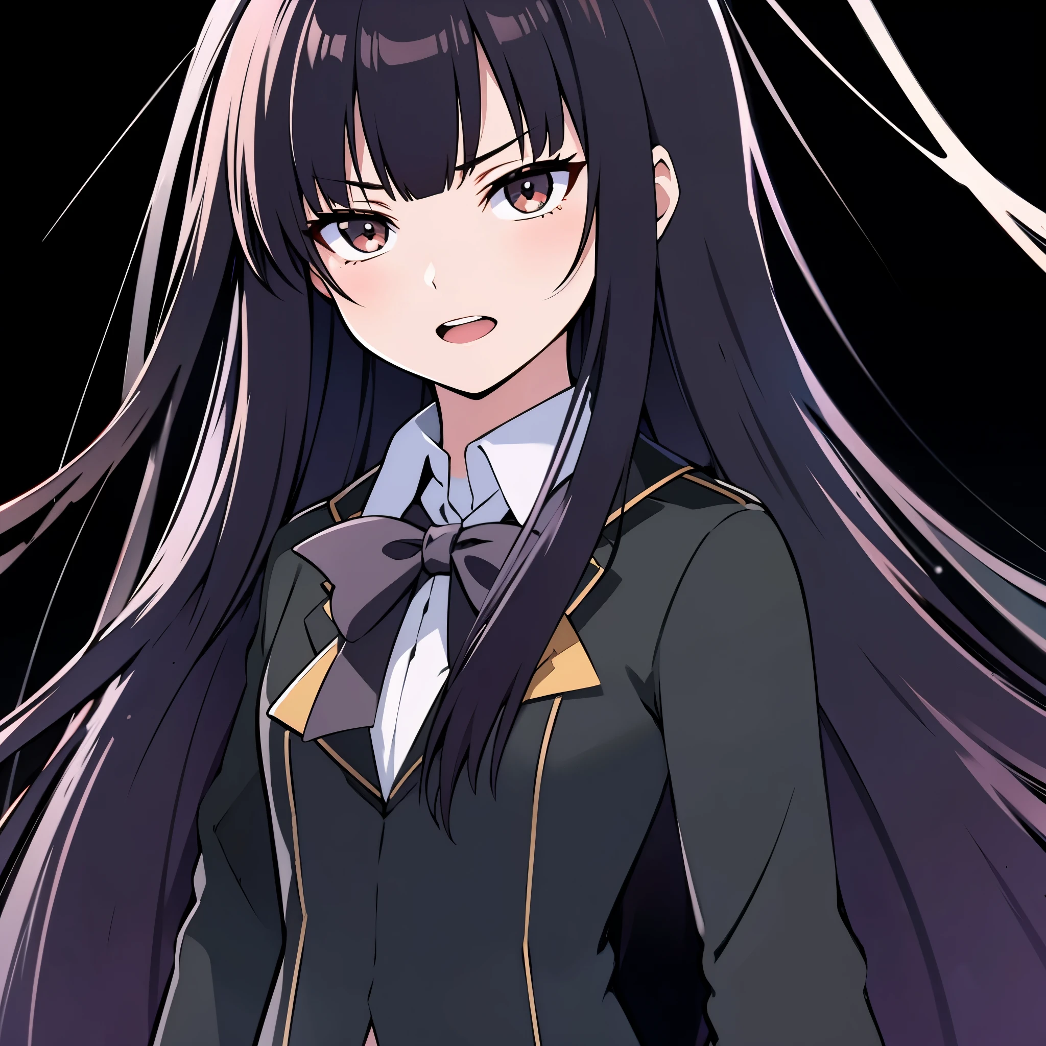 back ground Starry night sky, in space, zero gravity, from side, focus face, mad face, open mouth, evil smile, glaring eyes, anime style, 1femail, ultra high res, Best quality, ultra detailed, wearing a black blazer, school uniform, straight long hair, brown bowtie, clear detailed face, high nose(1:2), large mouth, break a strong female character with broad shoulders, straight long hair, 8k, masterpiece, dark eyelashes,