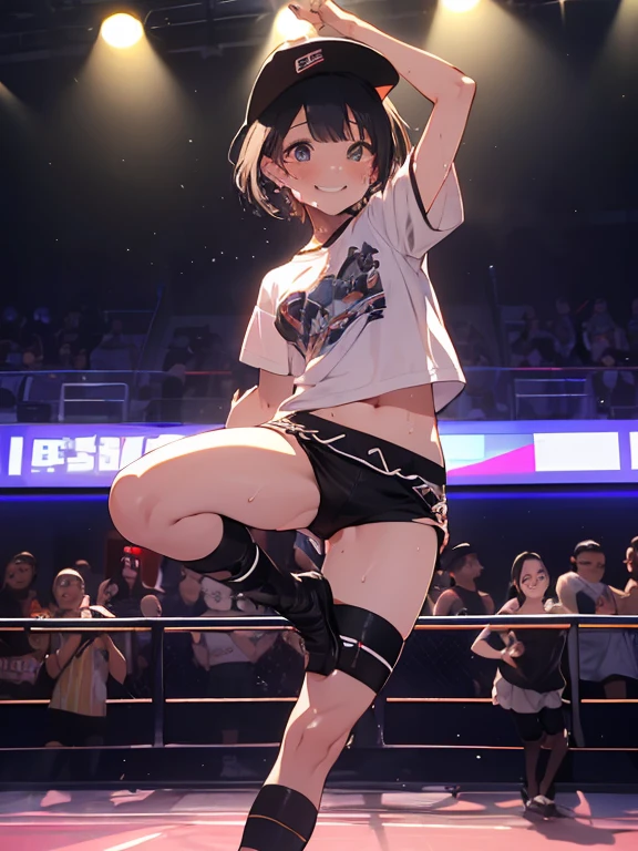 (masterpiece, best quality:1.2), nsfw, (1girl, solo), 18years old, (dark brown hair, short bob hair, bangs), medium breasts, slender body, small head:1.3, skinny, (oily skin, gleaming skin, shiny skin、sweat:1.3), (dancing:1.5), ((HIP-HOP style, hoodie sweat shirt, crop top, navel, micro shorts, sneaker shoes)), Tokyo Shibuya street, (crowd:1.1)