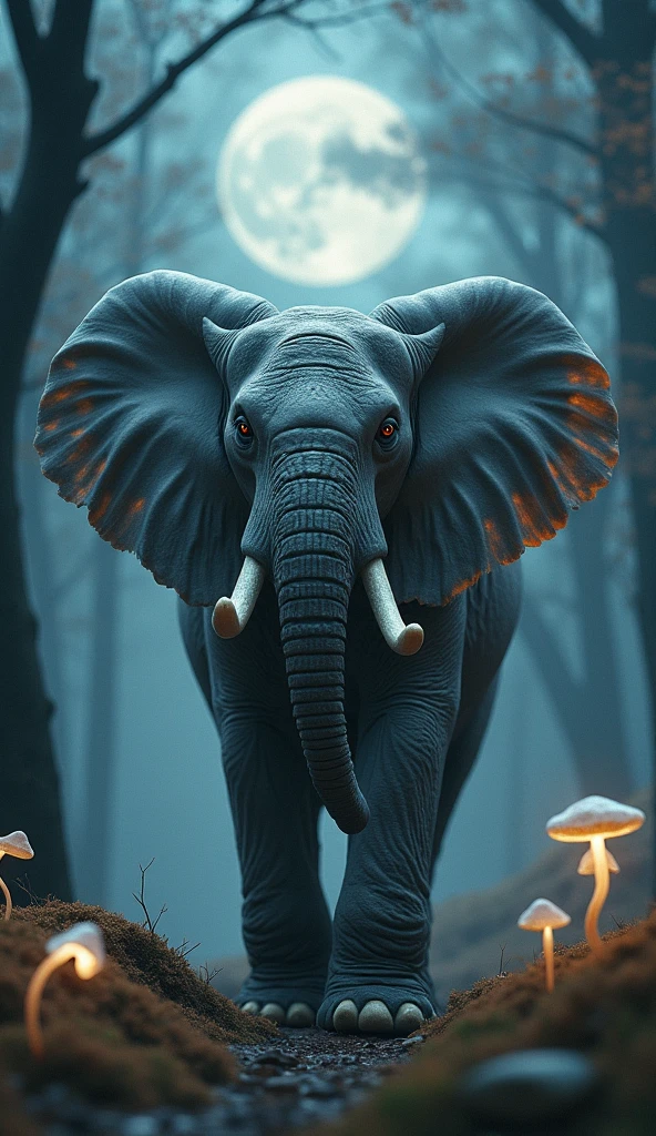 In a moonlit jungle, aelephant stands 