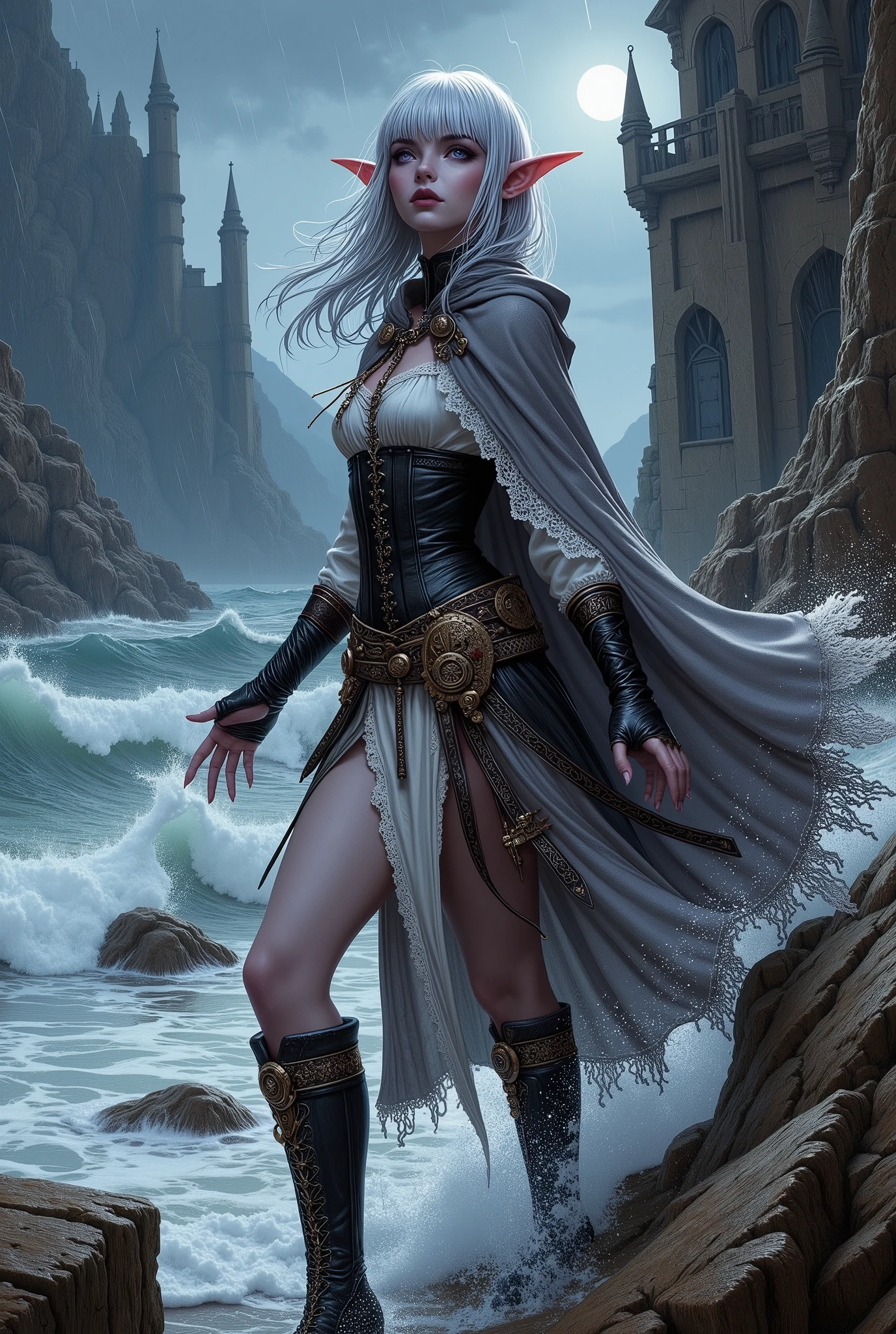 (Ultra-detailed face, Looking away, Fantasy Illustration with Gothic, Dark tone colors, Looking up from the ground.), BREAK 
(A female dark elf historian, her hair, face, and clothes all wet and with her back to the sea, holding a magic lantern that illuminates the ocean waves, flicks her dripping bangs with her fingertips and flicks the water with bold poses and large hand movements, and looks around with a piercing gaze as she walks with large strides, looking around. He looks around with a piercing gaze and walks with large thighs. The waves of the sea reflect the lightning and glow.), BREAK 
(The young female dark elf historian has white hair, white eyebrows, blunt bangs, waist-length long, rain-soaked, water-dripping, messy, wavy hair, small pink lips, dark purple skin, and thick eyeliner.), BREAK 
(The dark elf woman historian wears a cape of gray lace fabric and a simple cream-colored ribbon tie. She wears a lace-up dress of velour fabric printed with a pattern of small light blue flowers and red berries on a pale green background. Around her waist she wears a large pareo with a sunflower pattern. She wears short ankle-length boots with intricate copper gears. She wears knee socks decorated with white bon bons.), BREAK 
(Here are the ruins of a vast ancient city of the dead, eroded by white sand beaches and ocean waves. Spiky white bone-like rocks protruding from the water's surface in places appear eerily pale in the rain.)