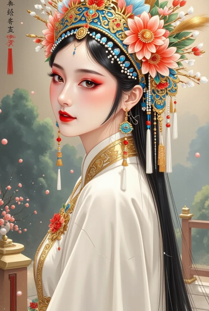 A painting of a woman wearing a Chinese costume 、 wearing a flower crown,  a beautiful fantasy queen, The Queen of China , Chinese Princess, ancient Chinese Princess, (( a beautiful fantasy queen)),  Ancient Chinese Art Style , Chinese,   Ancient Chinese Beauty , palace ，  girl in Hanfu,  Ancient Chinese goddess  ,  traditional Chinese , Oriental art style,  a princess from an ancient Asian dynasty 