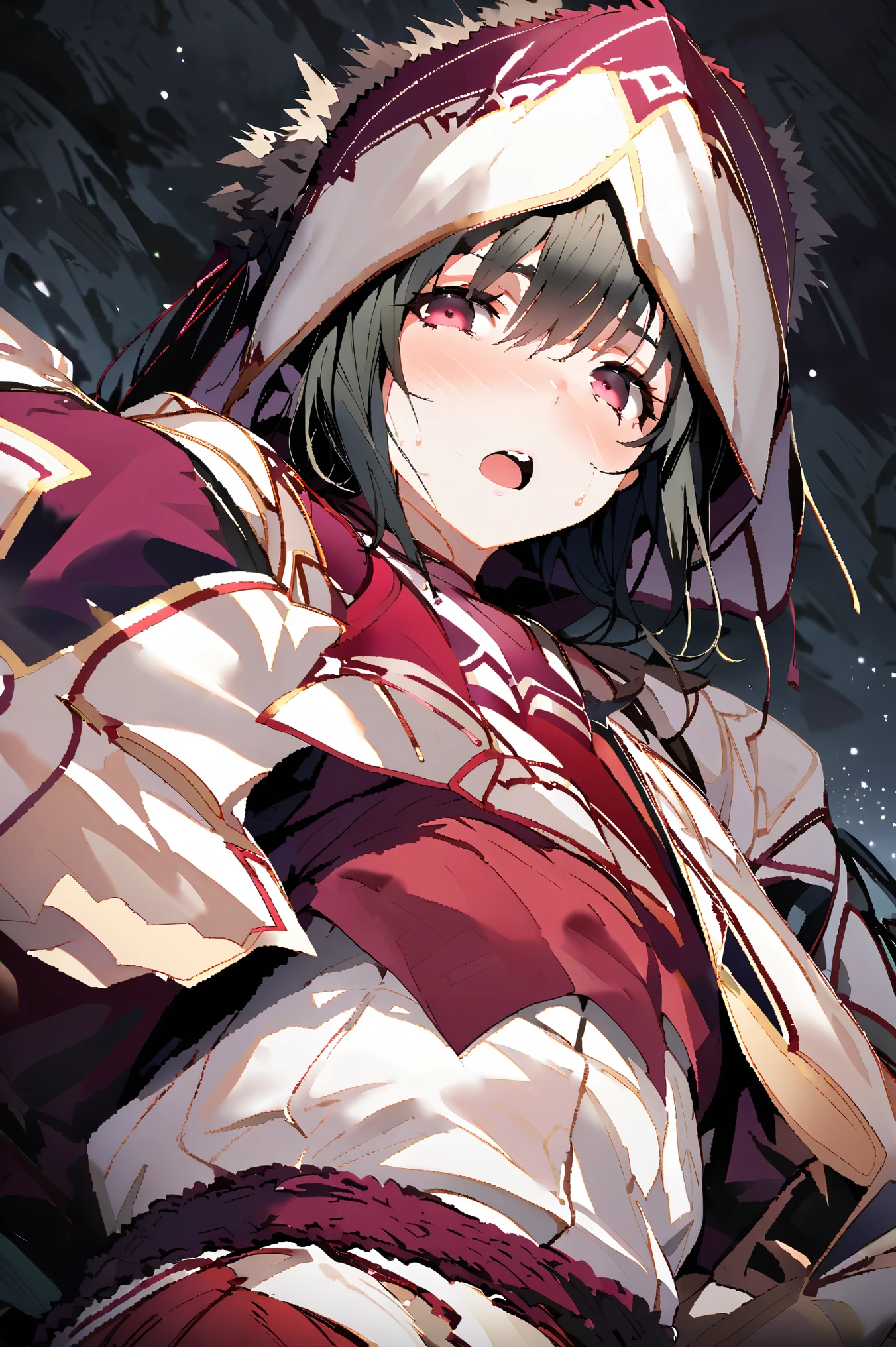 Anime girl holding sword with sword and red cloak, From the night of the ark, clean and meticulous anime art, Ayaka Genshin impact, Kantai collection style, anime style like fate/stay night, female anime character, artistic renderings of Reimu Hakurei, anime visual of a cute girl, (Anime girl), style of anime4 K, arknight, author：Hosomura Kane