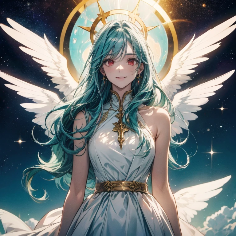 woman,  I have teal hair  , red eyes, smile,  angel wings , Golden halo,  white dress,   standing upright  , In space, Milky Way in the background, Distant Star,  upper body