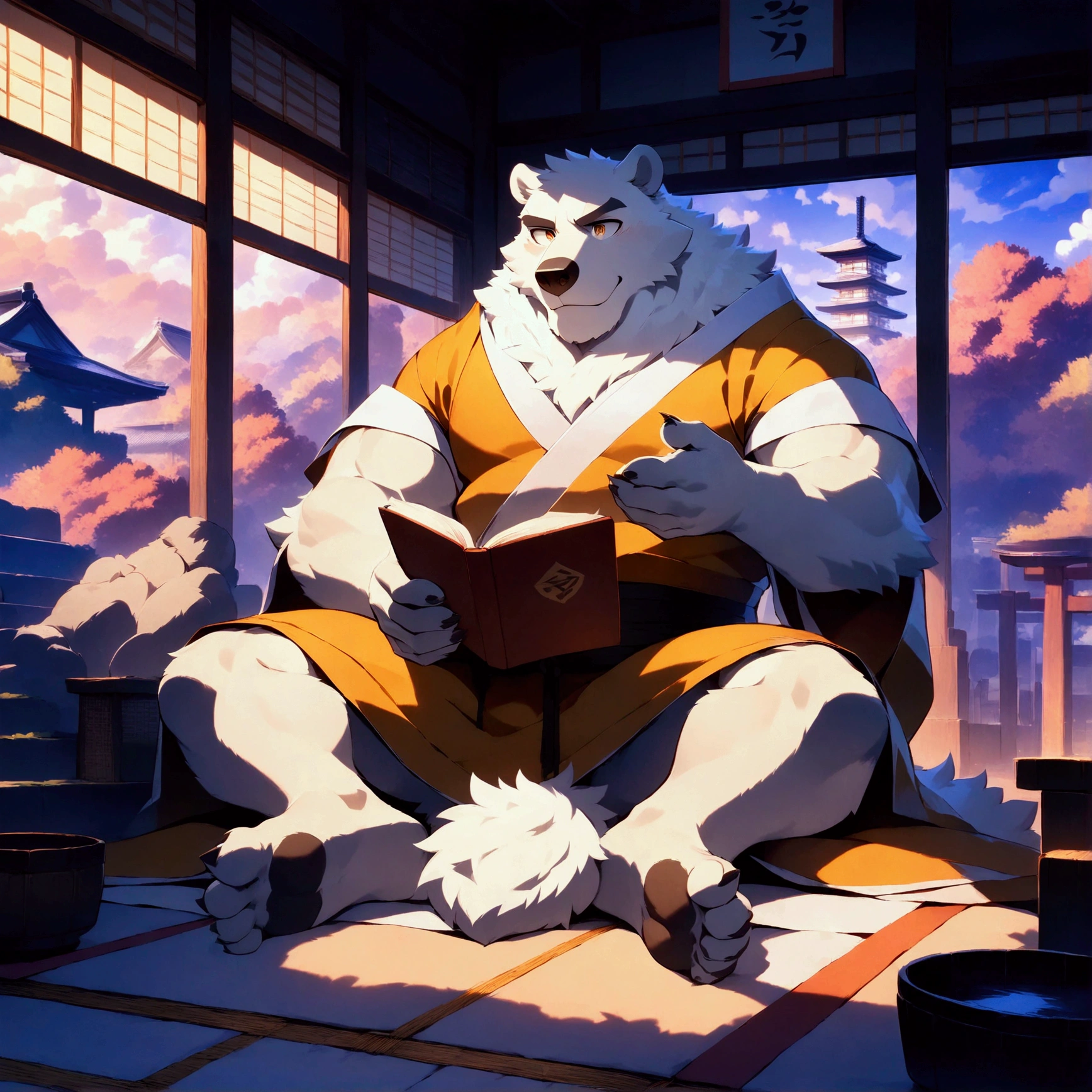 character focus, full body, looking away, dynamic angle, buddhist monk, middle-aged Japanese polar bear man, light smile, buddhist monk costume clothes, kesa, pants, black wear, sit straight, reading buddhist sutra, BREAK full body in Michelangelo Buonarroti style, housamo style, digital illustration anime, detailed painting landscape, morning, kyoto, Japanese temple, indoor, full color, HDR, BREAK complete anatomy, perfect proportions, beautiful thigh gap, fluffy body, intricate fur details, beautiful fur texture, BREAK a detailed polar bear 1tail, detailed toe, 5toes, 5toes nails, detailed foot, detailed hands, 5fingers, 5fingers nails, BREAK aesthetic anime face, insanity detailed face, male face, big face, square jawline, aesthetic anime eyes, detailed brown eyes, detailed brown cornea, detailed dark brown irises, detailed pupils, male eyes, big eyes, male eyebrows, innocent look, beautiful beard, BREAK masterpiece, official art, best quality, very aesthetic, absurdres, super fine illustration, great quality, BREAK noise reduction, very highres, large filesize, high quality, 32K, 8k wallpaper, dynamic lighting, BREAK insanity detailed, ultra detailed, intricate details, extremely detailed, detailed texture, an extremely delicate and beautiful, BREAK e621 illustration, osukemo, kemohomo, anthropomorphic, furry, cartoon, harmonious, pastoral face, virtuous eyes, kyoto atmosphere