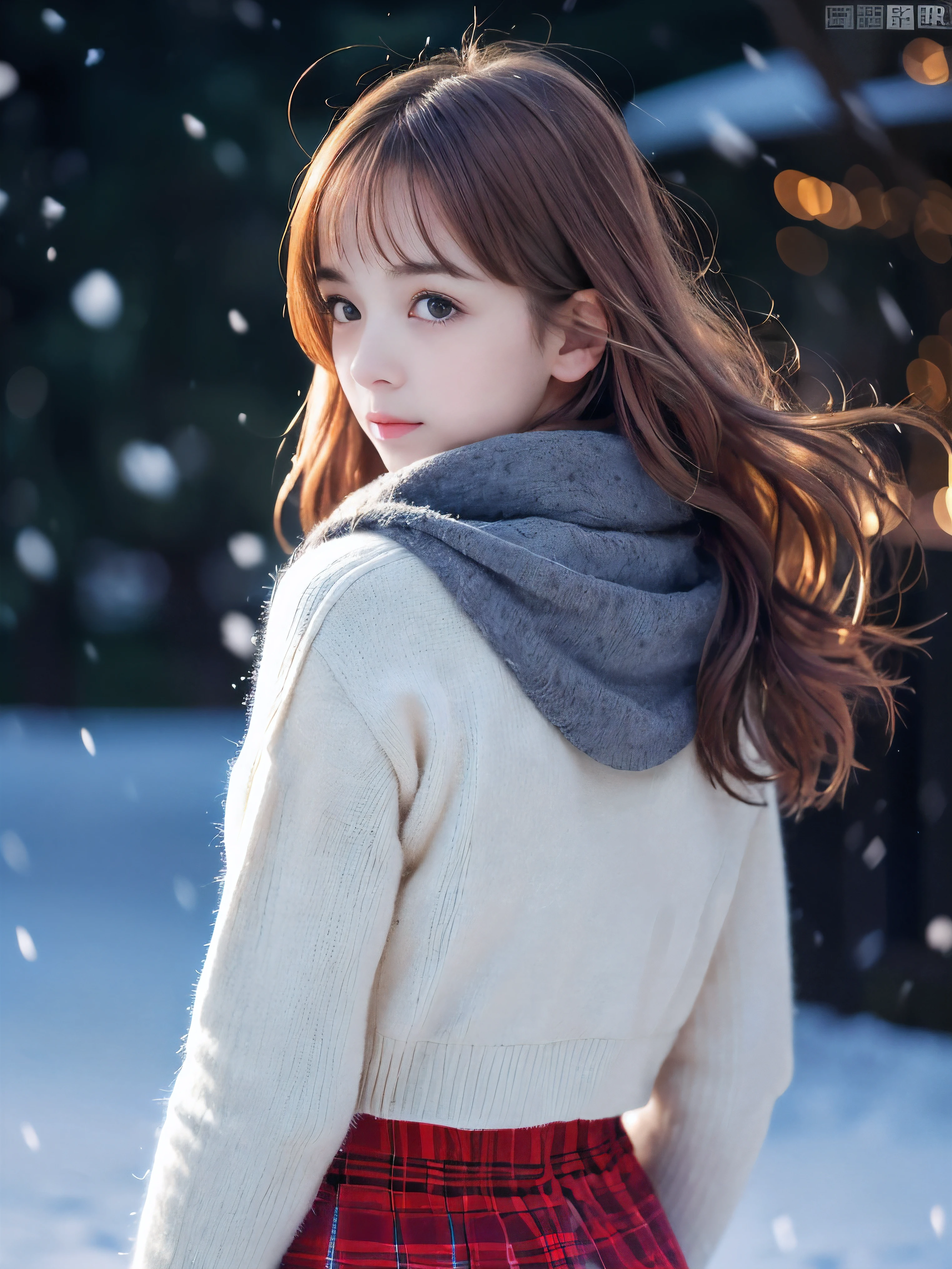 (Close-up face shot of one slender small breasts red brown wavy long hair with dull bangs girl in a winter long coat, knit sweater, skirt and  scarf:1.5)、(One girl is turn around with crying face:1.5)、(Very beautiful Christmas illumination night:1.5)、(Heavy snowing night:1.5)、(blurred background:1.5)、(Natural light:1.5)、(8k ultra detailed master piece:1.5)、(perfect anatomy:1.5)、(Photorealistic stick:1.5)、(Raw photo:1.3)、(highest quality:1.5)、(High resolution:1.3)、(Delicate and beautiful perfect face:1.3)、(Delicate and beautiful eye air skin:1.3)、(Real Human Skin:1.3)、((thin legs))