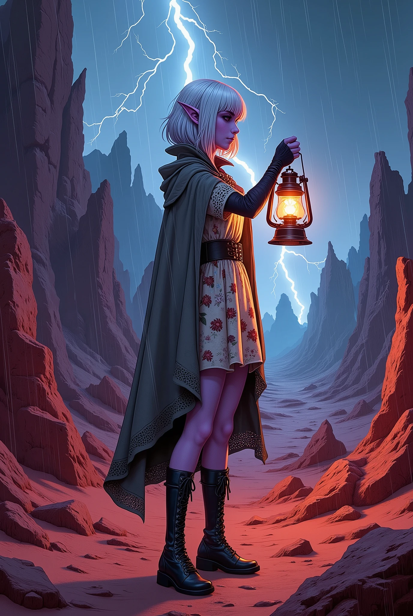 (Ultra-detailed face, Looking away, Fantasy Illustration with Gothic, Dark tone colors, Looking up from the ground.), BREAK 
(A female dark elf historian, soaking wet and with her back to the red desert valley where blue-white lightning flashes violently and heavy showers of rain fall, holds a magic lantern that illuminates the ruins, flicks her dripping bangs with her fingertips, and looks around with a sharp gaze. Her footprints puddle, reflecting the lightning in the sky.), BREAK 
(The young female dark elf historian has white hair, white eyebrows, blunt bangs, waist-length long, rain-soaked, water-dripping, messy, wavy hair, small pink lips, dark purple skin, and thick eyeliner.), BREAK 
(The dark elf woman historian wears a cape of gray lace fabric and a simple cream-colored ribbon tie. She wears a lace-up dress of velour fabric printed with a pattern of small light blue flowers and red berries on a pale green background. Around her waist she wears a large pareo with a sunflower pattern. She wears short ankle-length boots with intricate copper gears. She wears knee socks decorated with white bon bons.), BREAK 
(This is the site of an ancient city of the dead, a vast expanse of red sand and red rock. The red, glassy, spiky rocks sticking out from various places are wet from the rain, creating eerie water patterns.)