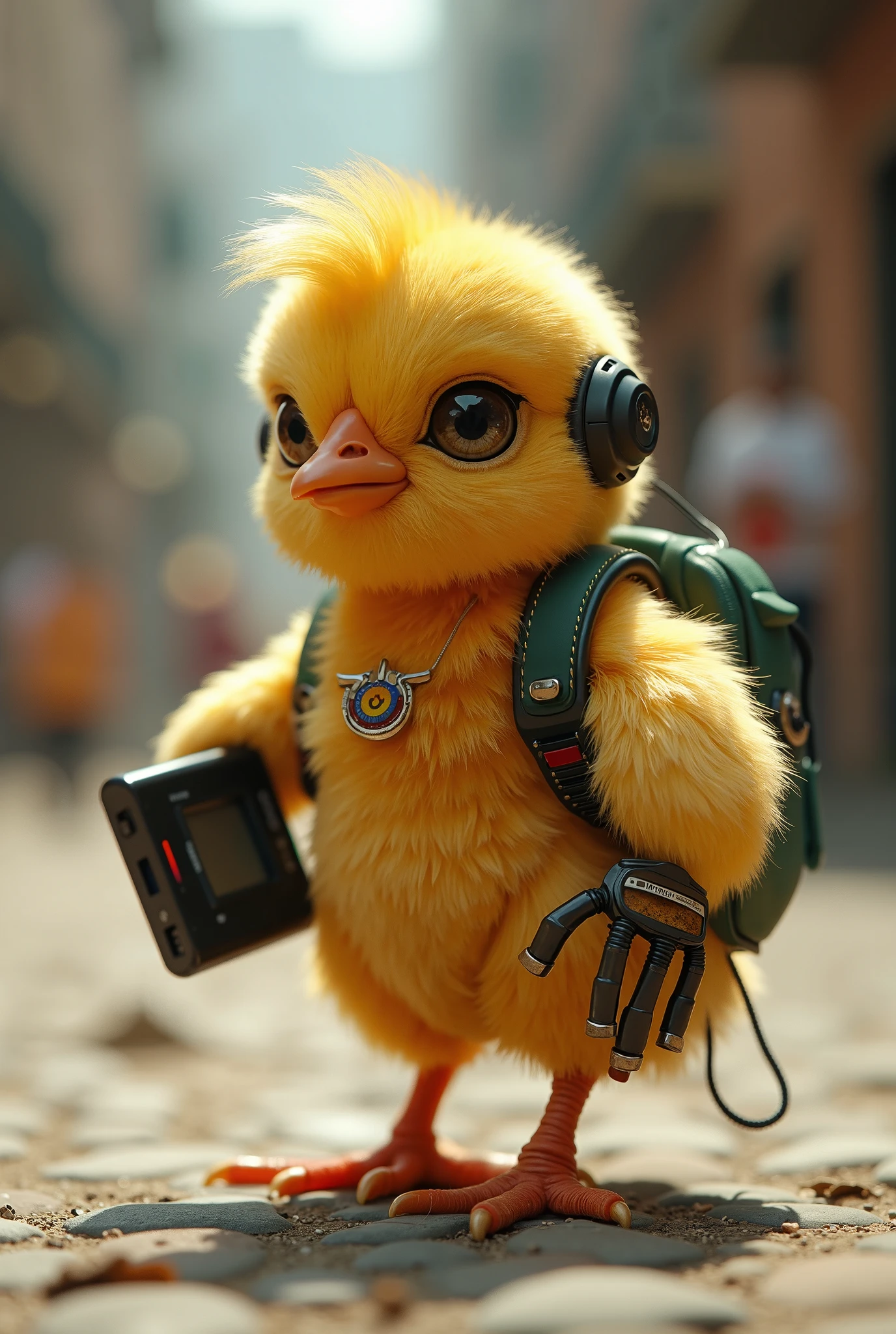 humanoid chick with a walk from the Vinotinto national team listening to music with an mp4 player, and an Atari Nintendo in his hand