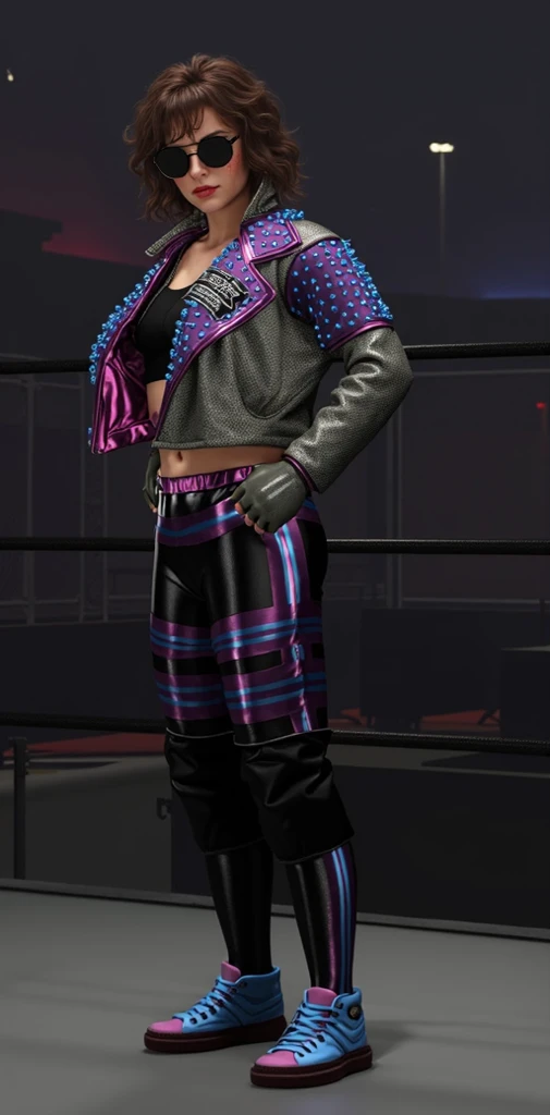 a 3d rendering of a woman in a wrestling outfit, Costume aux accents bleus, in clothes! very detailed, Le plus petit midriff de tous les temps, Style geste lourd gros plan, accents scintillants sur la figure, cheveux roux, cheveux courts ,Taille - Coup de feu, Haut du torse inclus, close up half body shot, exposed midriff, extreme hight detail, exposed waist, full body shot hyperdetailed