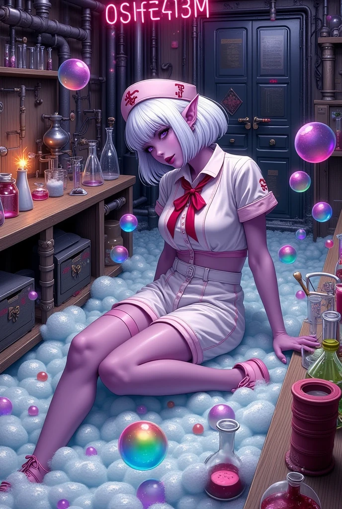 (Ultra-detailed face, Looking away, Fantasy Illustration with Gothic, Rich tone colors, Perspective looking down from above), BREAK (A dark elf woman is slumped on the floor in a daring pose, her body enveloped in colorful rainbow-colored bubbles that have splattered all over the room. Her eyes are wide open and she looks stunned.), BREAK (A young-aged dark elf woman with pure white hair and eyebrows, blunt bangs, bobed disheveled hair, small pink lips, dark-purple color skin, lavender pupils, Draw thick, dark eyeliner around the eyes.), BREAK (The dark elf woman is wearing a pink nurse's cap covered in bubbles and a large crimson ribbon tie. She wears a short nurse's uniform of pure white fabric embroidered with runes bordered with pale flames. She wears pink nurse's shoes.), BREAK (Large iron pipes, glass tubes, beakers and flasks are intricately connected, bubbling with colorful chemicals. Aerial glassware and tools float in the air, neon lights with a sensational pink glow are attached to the ceiling, and the room is filled with soap bubbles, bubbles, and foam droplets bursting and filling the room.)