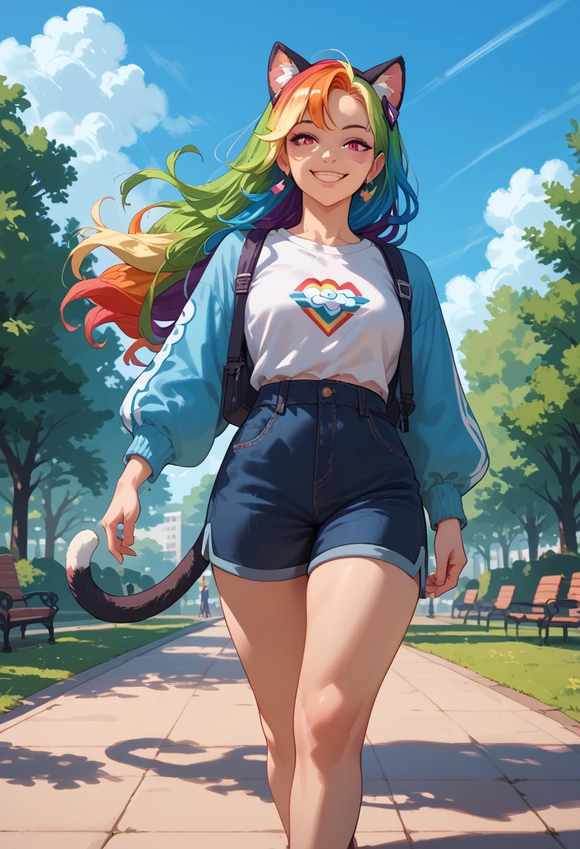 woman, cat ears, rainbow hair, smiling, blue sky background, walking in a park, long hair