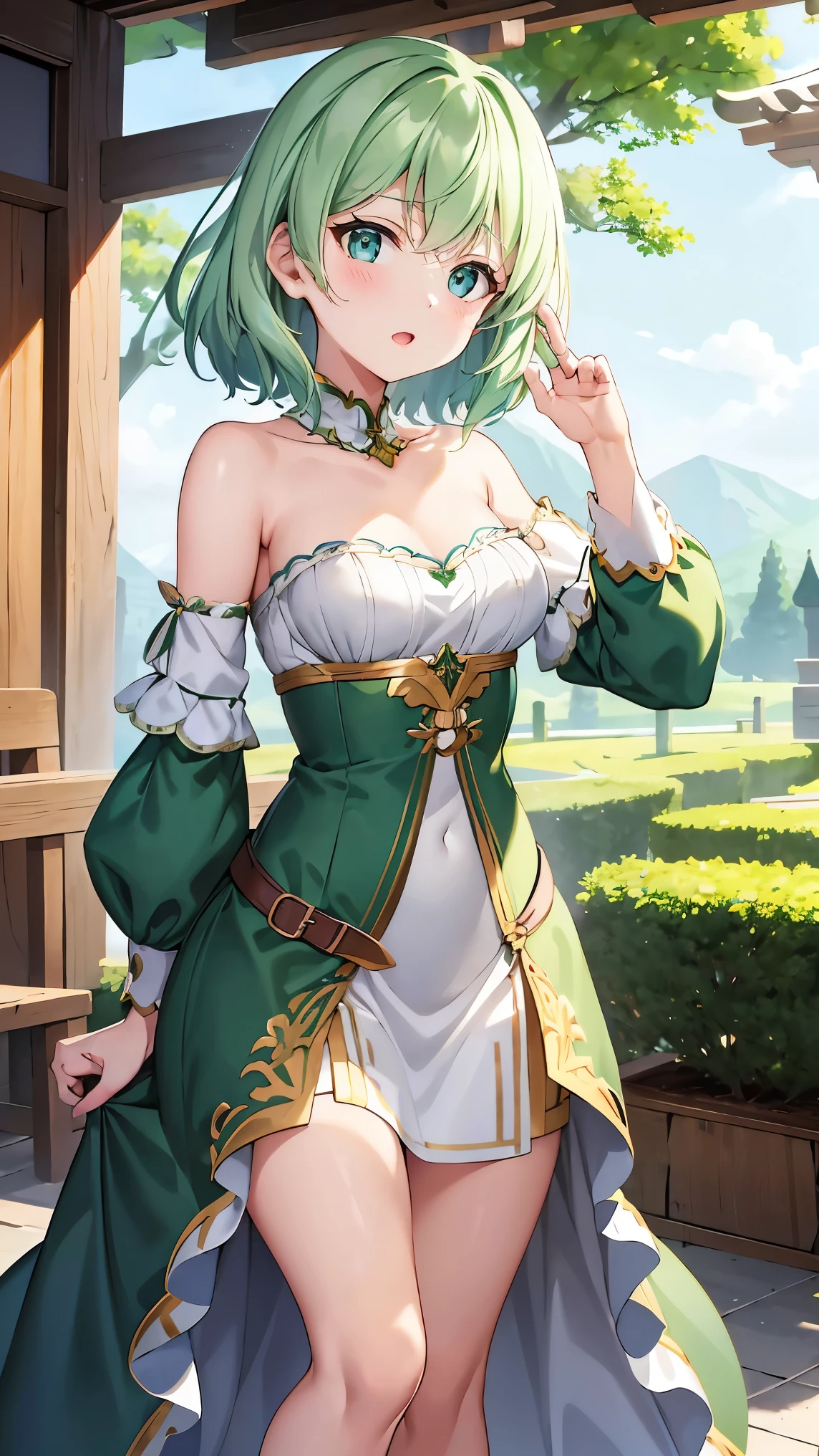 shoulder-length green hair, Small Breasts , Small breasts、Green Eyes, 、(((Ladylike))), full body from head to toe 、 Randomly create clothes, hairstyle, facial expressions, poses, locations, and backgrounds、 imaginary、Draw from a random angle 、Age is also random 、The physique is also random 、