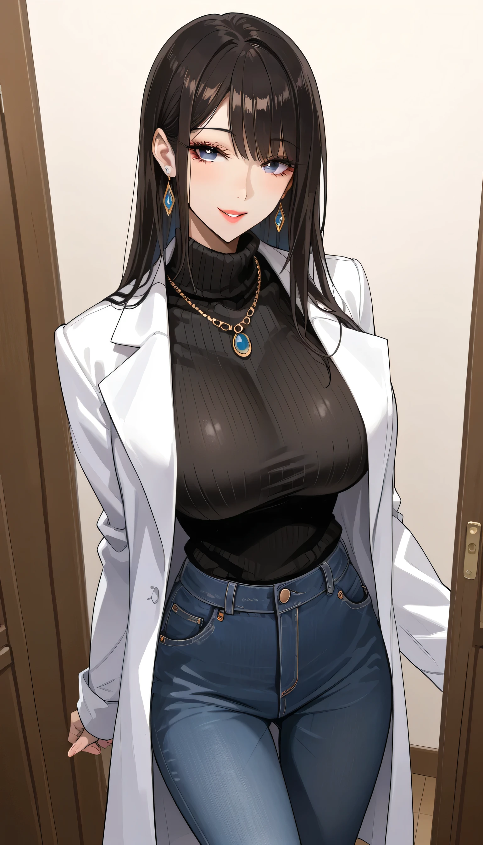  score_9,  score_8_up,  score_7_up,  source_Anime,masterpiece, best quality, BEAUTIFUL AND DETAILED EYES ,  beautiful detailed lips,  very detailed eyes and faces, long breasts, 1 female, smile, Put on a white coat、sweater under a white coat,  black sweater 、Black Skinny、 long pants  , Big saggy breasts, shockingly  Big Breasts ,  Big Breasts , room,  No Emotion 、Unmotivated face,  taken from above、バストup、makeup、 no makeup、