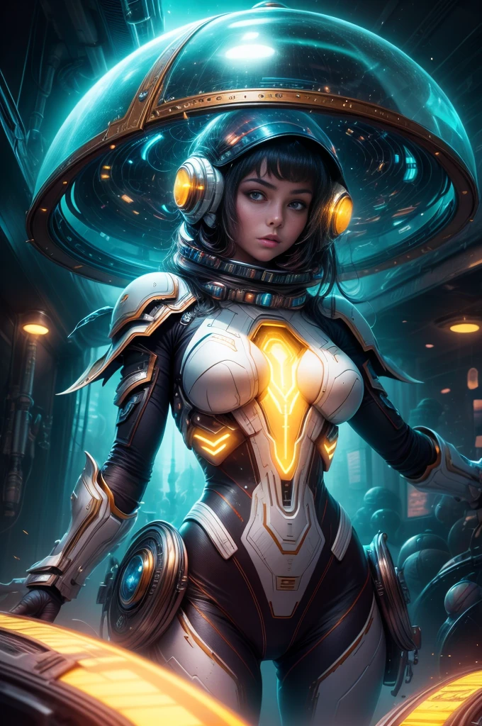 "((Futuristic girl)) immersed in Egypt Cyberstyle, a sleek blend of ancient and cyberpunk elements, standing against a backdrop of a ((fantastic planetscape)) in space, illuminated by the cyber-infused golden hour, ((science fiction masterpiece)), ((vibrant colors)), detailed composition, (best quality)