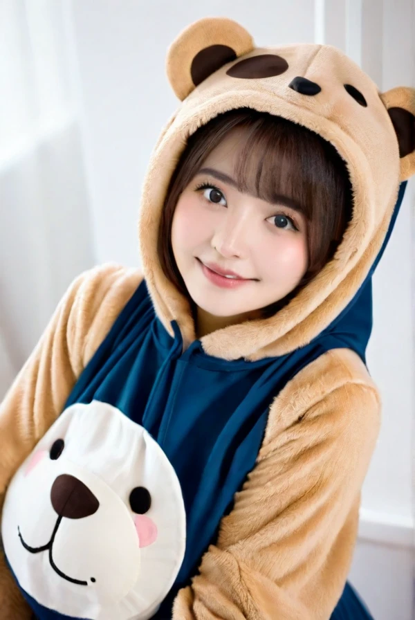 A bear costume, a girl wearing a costume, cute,