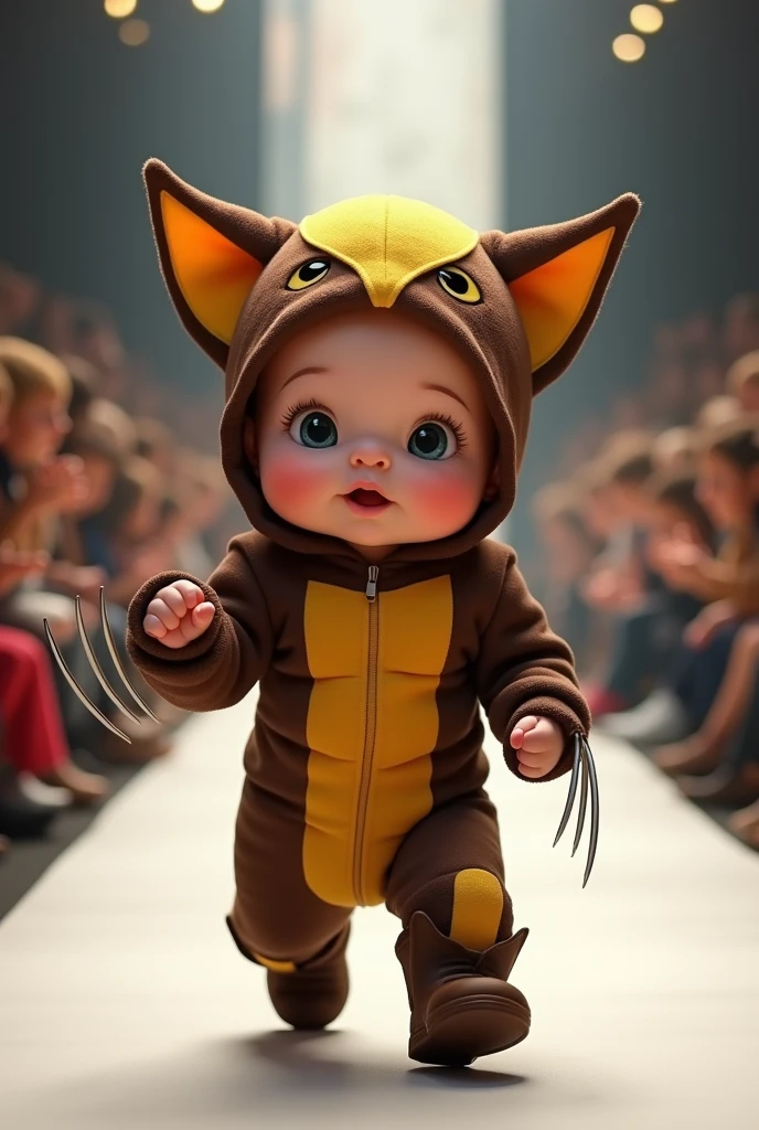 Create a scene, in which an adorable baby is dressed as a jealous cat and wears a jealous cat costume., and confidently walks down the catwalk, smiling, showing off her ultra-realistic fashion sense. ultra realistic 4k moving camera