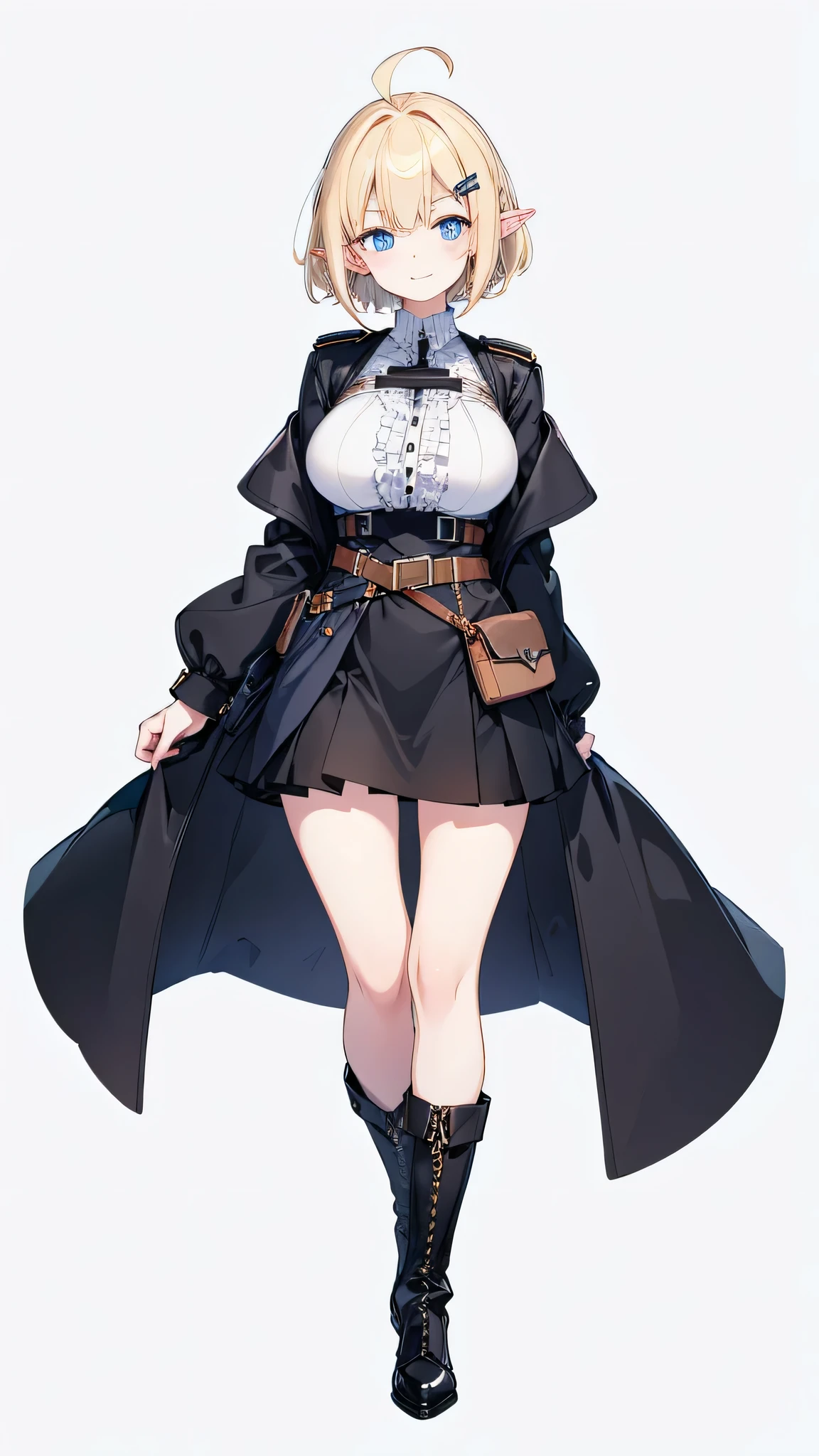 masterpiece,  best quality,(( full body image of one tall adult woman standing straight)), ((detailed blue eyes )), (( blonde short hair,Ahoge)), Big Breasts,(((black large barrette ))),Elf, black thigh high socks, black boots ,black military costume, black coat, Black Ruffle Skirt ,smile,(( no background )),Droopy eyes,thin straight eyebrows,thick belt pouch on the waist, white skin,