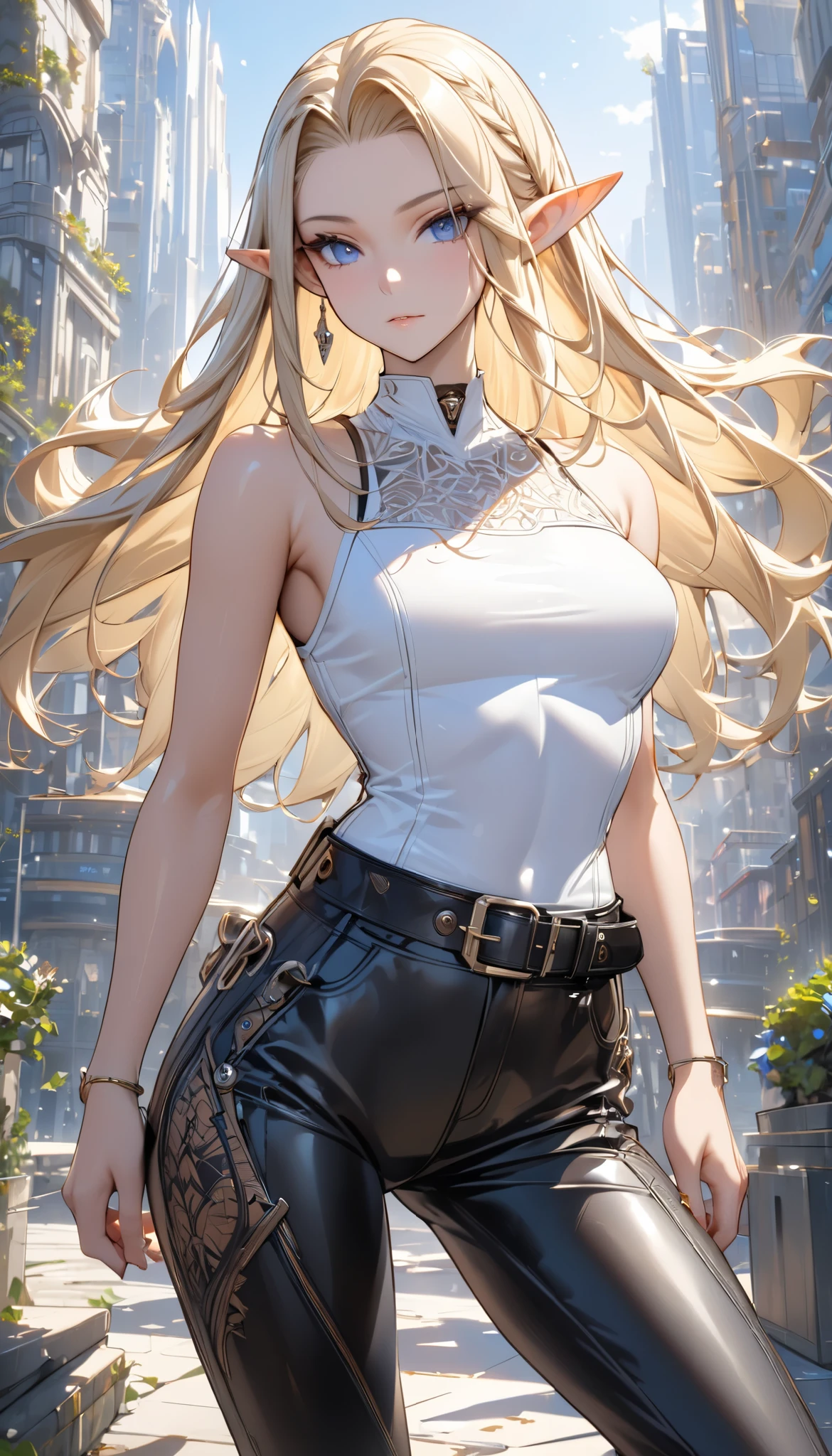 (((Best quality, 8k, Masterpiece: 1.3)), ((best quality)), ((masterpiece)), (detailed), perfect face, perfect body, (detailed skin:1.3), (intricate details), Elf, pointy ears, blonde hair, slicked back, ((Leather jacket)), white tank top, leather pants, wide belt, buckle, Choker, Sidelong glance, near-future city, Fashion model