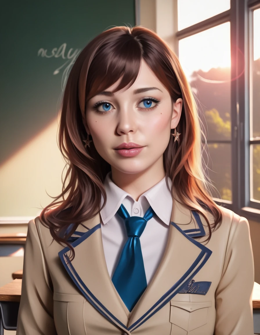 ruka sarashina, 1girl, brown hair, blue eyes, beautiful detailed eyes, beautiful detailed lips, extremely detailed face, longeyelashes, school uniform, standing in classroom, sunlight through window, detailed background, intricate details, (best quality,4k,8k,highres,masterpiece:1.2),ultra-detailed,(realistic,photorealistic,photo-realistic:1.37),digital painting,highly detailed,vibrant colors,soft lighting,warm color palette