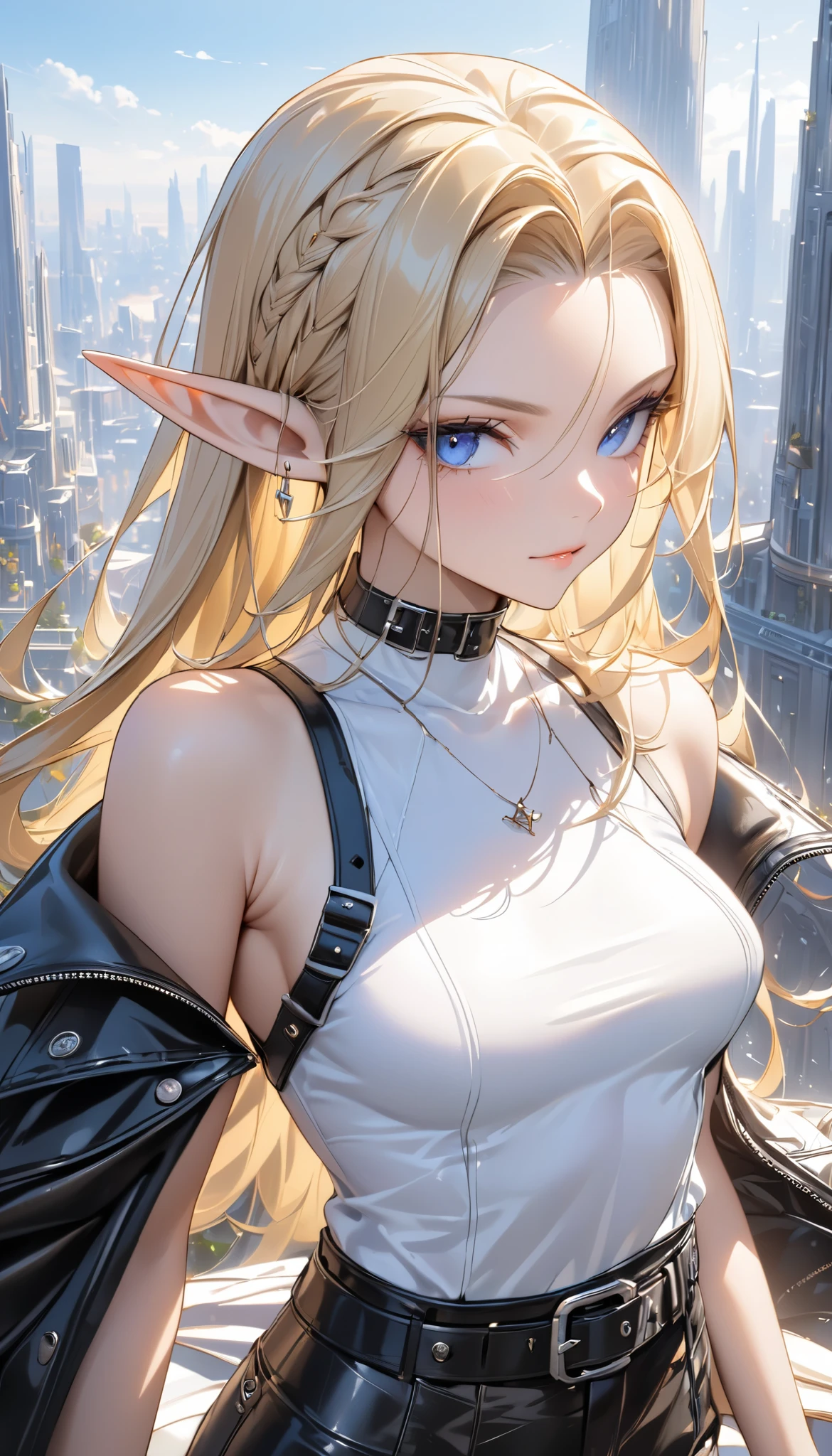 (((Best quality, 8k, Masterpiece: 1.3)), ((best quality)), ((masterpiece)), (detailed), perfect face, perfect body, (detailed skin:1.3), (intricate details), Elf, pointy ears, blonde hair, slicked back, ((Leather jacket)), white tank top, leather pants, wide belt, buckle, Choker, Sidelong glance, near-future city, Fashion model