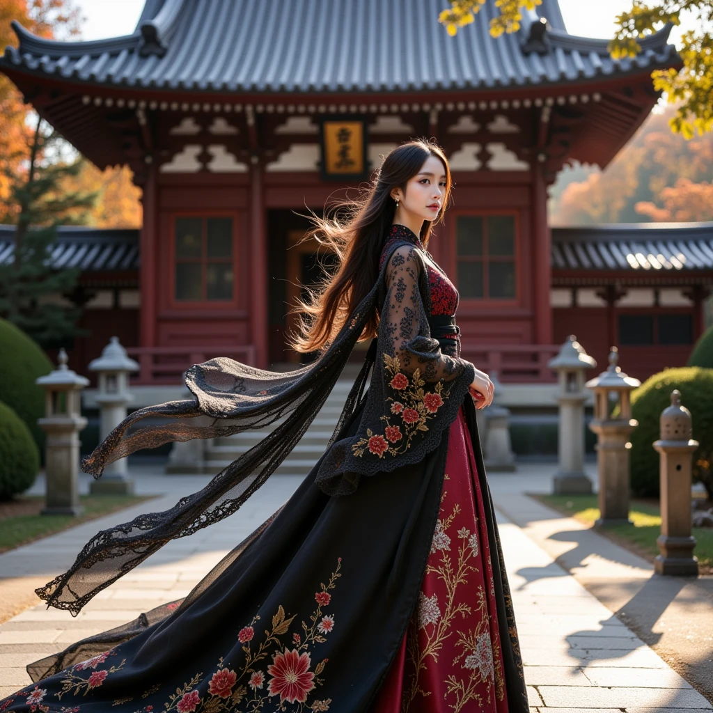 A graceful East Asian woman stands poised in front of a traditional Japanese temple, her long, flowing hair gently lifted by a soft breeze, creating a dynamic and ethereal effect. She is dressed in an exquisite fusion of traditional Japanese kimono and modern Western gown, combining elements of both cultures. The base of her attire is a luxurious kimono with a rich wine-red and black color palette, adorned with intricate gold embroidery depicting delicate floral and abstract patterns. The lower portion of the outfit flows like a Western ball gown, with a dramatic train cascading elegantly behind her.

The sleeves of the kimono are designed in a hybrid style, featuring Gothic black lace that drapes delicately down to the ground, creating a striking visual contrast against the traditional elements of the garment. The lace is intricately detailed with floral and ornamental motifs, adding a layer of sophistication and modernity. Her obi, styled with Western-inspired folds, is crafted from shimmering black and gold fabric, tied in an elegant and voluminous bow that harmonizes with the overall design.

The setting is a serene Japanese temple, showcasing traditional wooden architecture, curved tiled roofs, and red pillars. Lanterns hang from the beams, while stone lanterns and carefully pruned greenery frame the pathway leading to the temple gate. The temple’s majestic structure is bathed in warm, golden sunlight that filters through the trees, casting dappled light across the scene. The soft glow highlights the ornate details of the woman’s attire and the fine textures of the lace.

Her serene yet confident expression radiates poise and elegance as she gazes off into the distance. Her long, black hair flows dramatically in the wind, catching the light and adding a sense of motion and vitality to the image. The interplay of her flowing hair, the movement of her lace sleeves, and the soft swaying of her gown's train creates a mesmerizing dynamic against the stillness of the