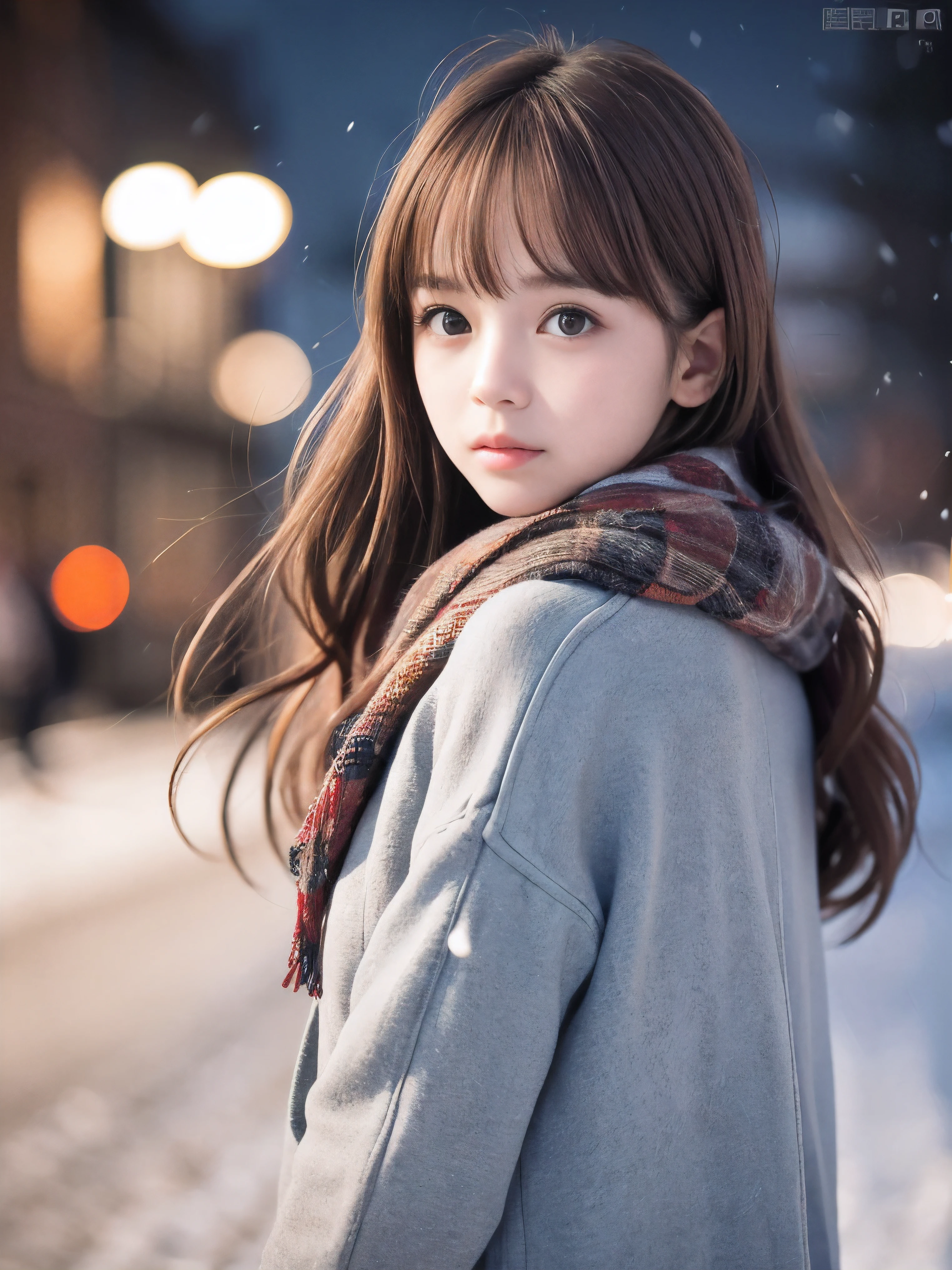 (Close-up face shot of one slender small breasts red brown wavy long hair with dull bangs girl in a winter long coat, knit sweater, skirt and  scarf:1.5)、(One girl is turn around with crying face:1.5)、(Very beautiful Christmas illumination night:1.5)、(Heavy snowing night:1.5)、(blurred background:1.5)、(Natural light:1.5)、(8k ultra detailed master piece:1.5)、(perfect anatomy:1.5)、(Photorealistic stick:1.5)、(Raw photo:1.3)、(highest quality:1.5)、(High resolution:1.3)、(Delicate and beautiful perfect face:1.3)、(Delicate and beautiful eye air skin:1.3)、(Real Human Skin:1.3)、((thin legs))