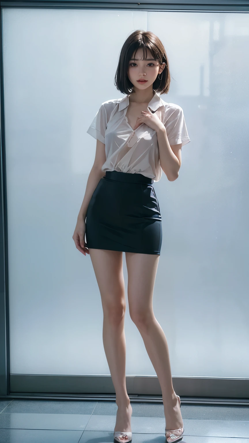best quality, masterpiece, photo-realistic, (A Korean skinny girl), (extremely-slim body), (narrow and small hips:1.3), standing, outdoors, wear a (short-sleeve shirt that is unbuttoned to show her bra), and (black extremely-short microskirt:1.4), close-up picture
