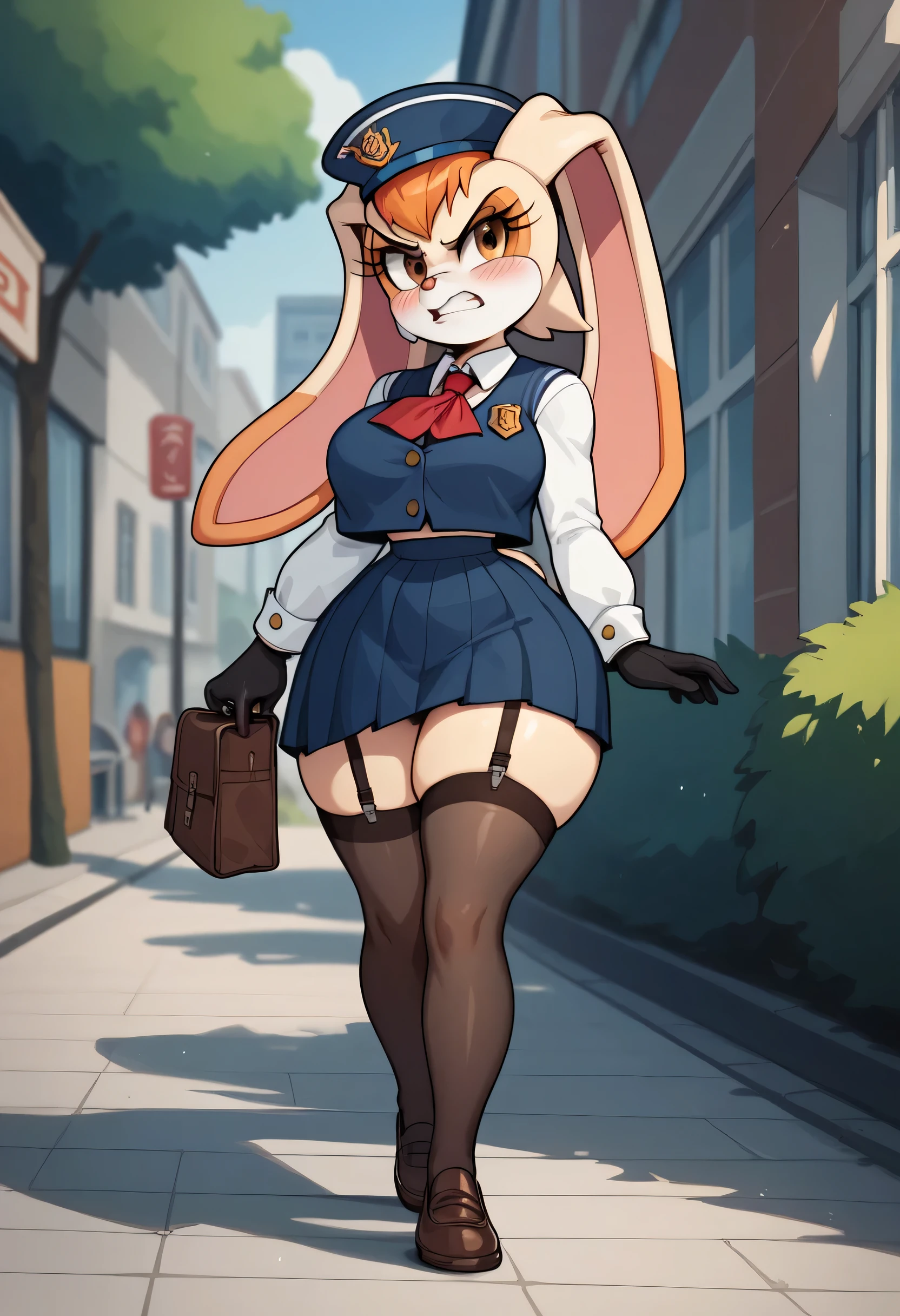 Vanilla the rabbit,angry look, blushing,schoolgirl vest, sailor hat , long hair ,,schoolgirl skirt, black stockings with straps,,  black gloves , small hips , large breasts,small hip,  Big Thighs,   walking on the street ,a lot of buildings in the background, at sunset  