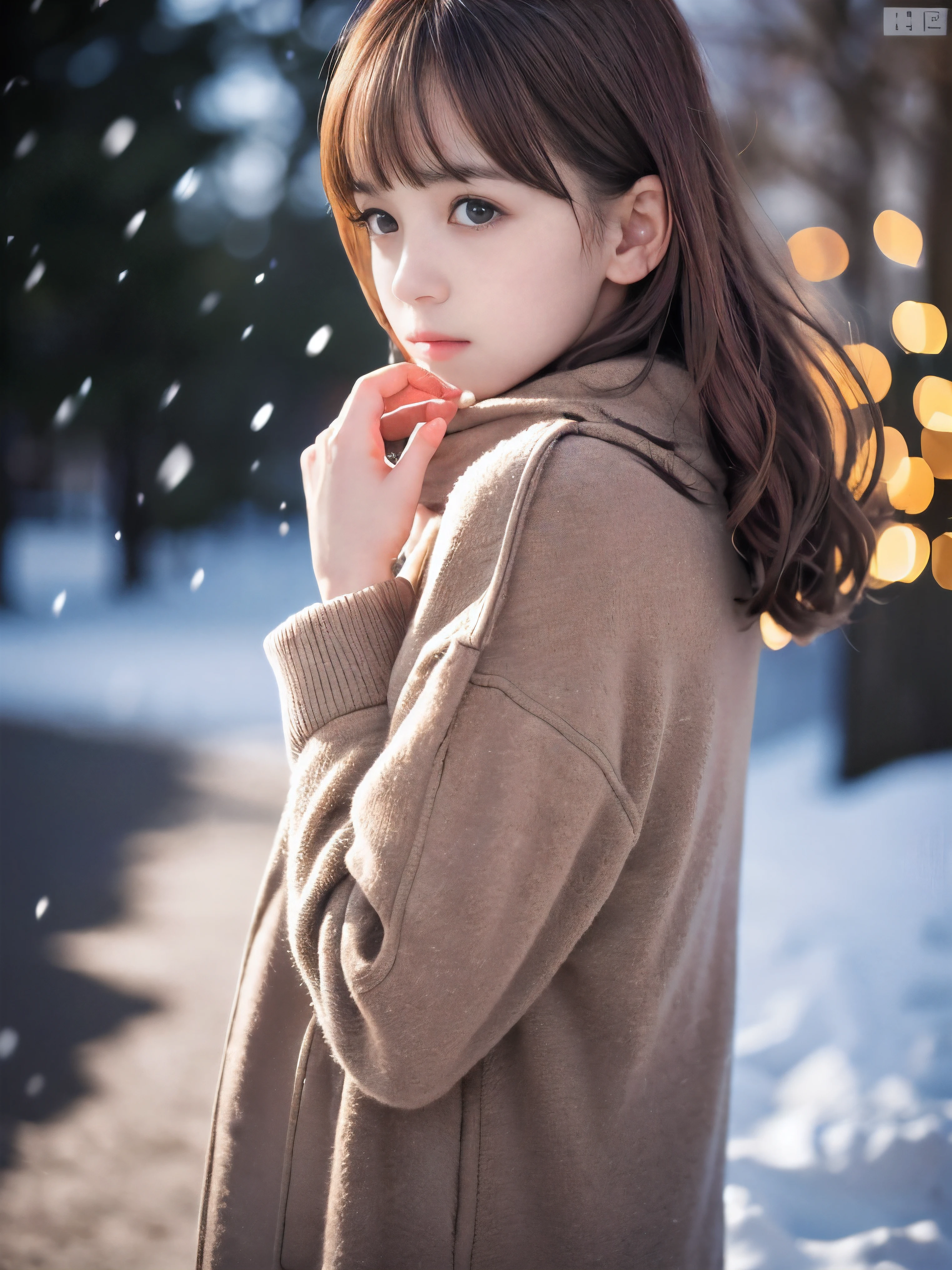 (Close-up face shot of one slender small breasts red brown wavy long hair with dull bangs girl in a winter long coat, knit sweater, skirt and  scarf:1.5)、(One girl is turn around with crying face:1.5)、(Very beautiful Christmas illumination night:1.5)、(Heavy snowing night:1.5)、(blurred background:1.5)、(Natural light:1.5)、(8k ultra detailed master piece:1.5)、(perfect anatomy:1.5)、(Photorealistic stick:1.5)、(Raw photo:1.3)、(highest quality:1.5)、(High resolution:1.3)、(Delicate and beautiful perfect face:1.3)、(Delicate and beautiful eye air skin:1.3)、(Real Human Skin:1.3)、((thin legs))