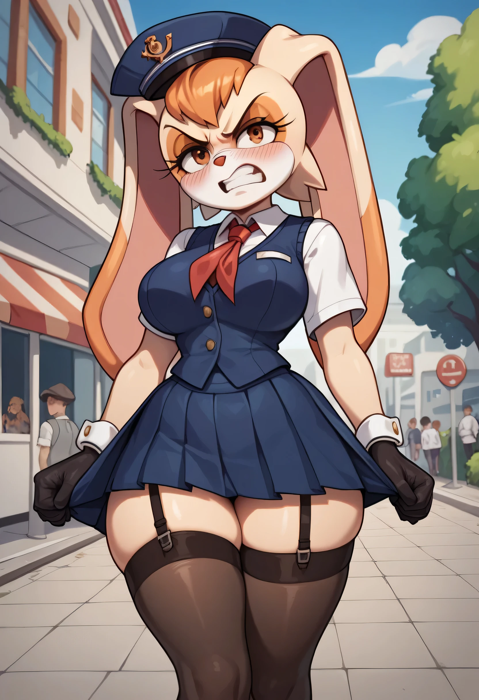 Vanilla the rabbit,angry look, blushing,schoolgirl vest, sailor hat , long hair ,,schoolgirl skirt, black stockings with straps,,  black gloves , small hips , large breasts,small hip,  Big Thighs,   walking on the street ,a lot of buildings in the background, at sunset  