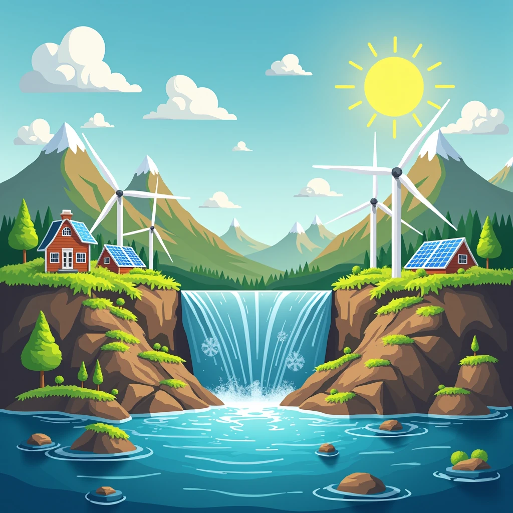 Real-world examples labeled with bright visuals and renewable energy symbols.