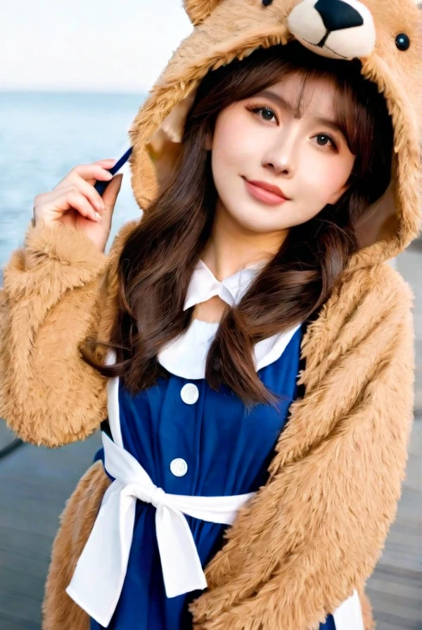 A bear costume, a girl wearing a costume, cute,