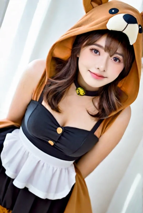 A bear costume, a girl wearing a costume, cute,