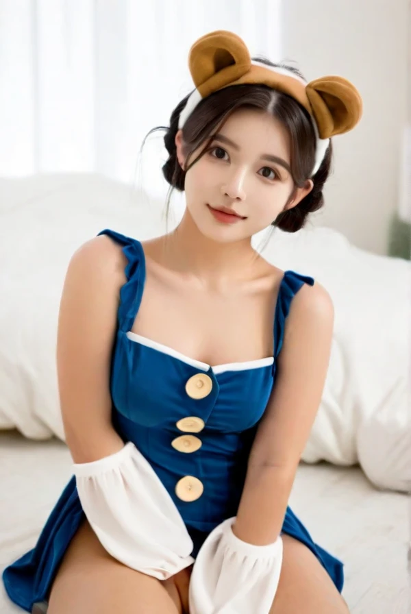 A bear costume, a girl wearing a costume, cute,