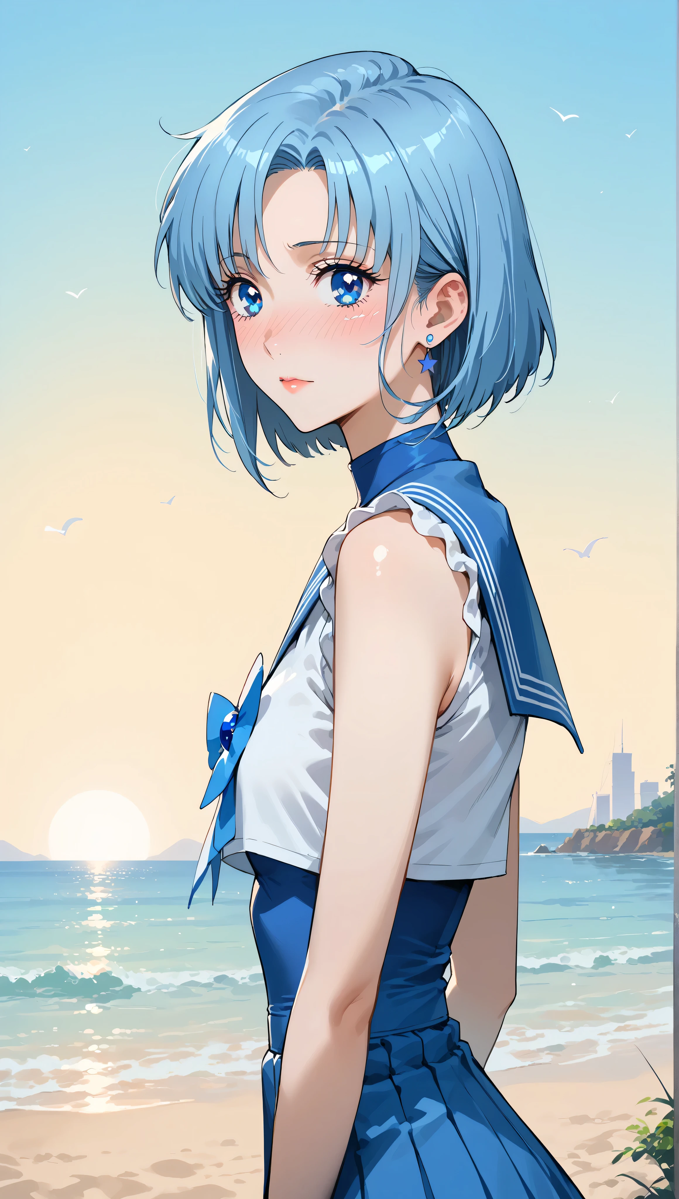 (highest quality:1.2, Very detailed, Latest, Vibrant, Super Detail, Ultra-high resolution, High Contrast, masterpiece:1.2, highest quality, Best aesthetics, there is:0.9), alone, (1 female), sailor mercury, blue hair, (blue eyes:1.3), minimal, 1girl, solo, blue eyes, nose blush, shy, looking at viewer, tight round butt, cute overload, small breasts, slim figure, contrapposto, (beautiful sandy shore), (ocean in background), (beautiful yellow sky),