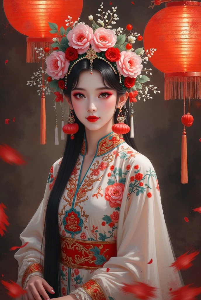 A painting of a woman wearing a Chinese costume 、 wearing a flower crown, The scary Chinese Yuan Festival，Halloween， Red lantern 