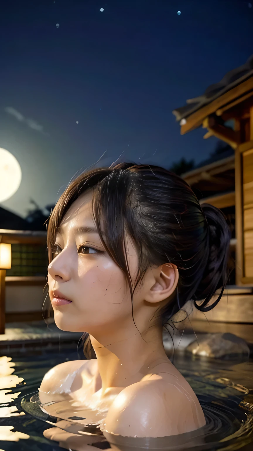 A gorgeous woman bathes in a secluded onsen under the soft glow of a full moon. The clear night sky is filled with stars, and the light reflects on the rippling water. Her hair is slightly damp, framing her face as she gazes thoughtfully at the moon. Surrounding her are natural rocks and bamboo, adding to the tranquil ambiance.