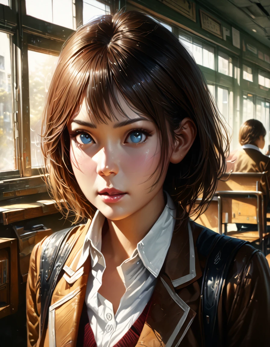 ruka sarashina, 1girl, brown hair, blue eyes, beautiful detailed eyes, beautiful detailed lips, extremely detailed face, longeyelashes, school uniform, standing in classroom, sunlight through window, detailed background, intricate details, (best quality,4k,8k,highres,masterpiece:1.2),ultra-detailed,(realistic,photorealistic,photo-realistic:1.37),digital painting,highly detailed,vibrant colors,soft lighting,warm color palette